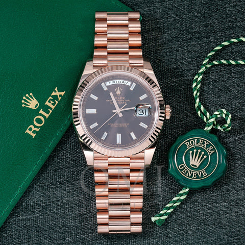 ROLEX DAY-DATE 228235 40MM CHOCOLATE DIAMOND DIAL WITH ROSE GOLD PRESIDENT BRACELET