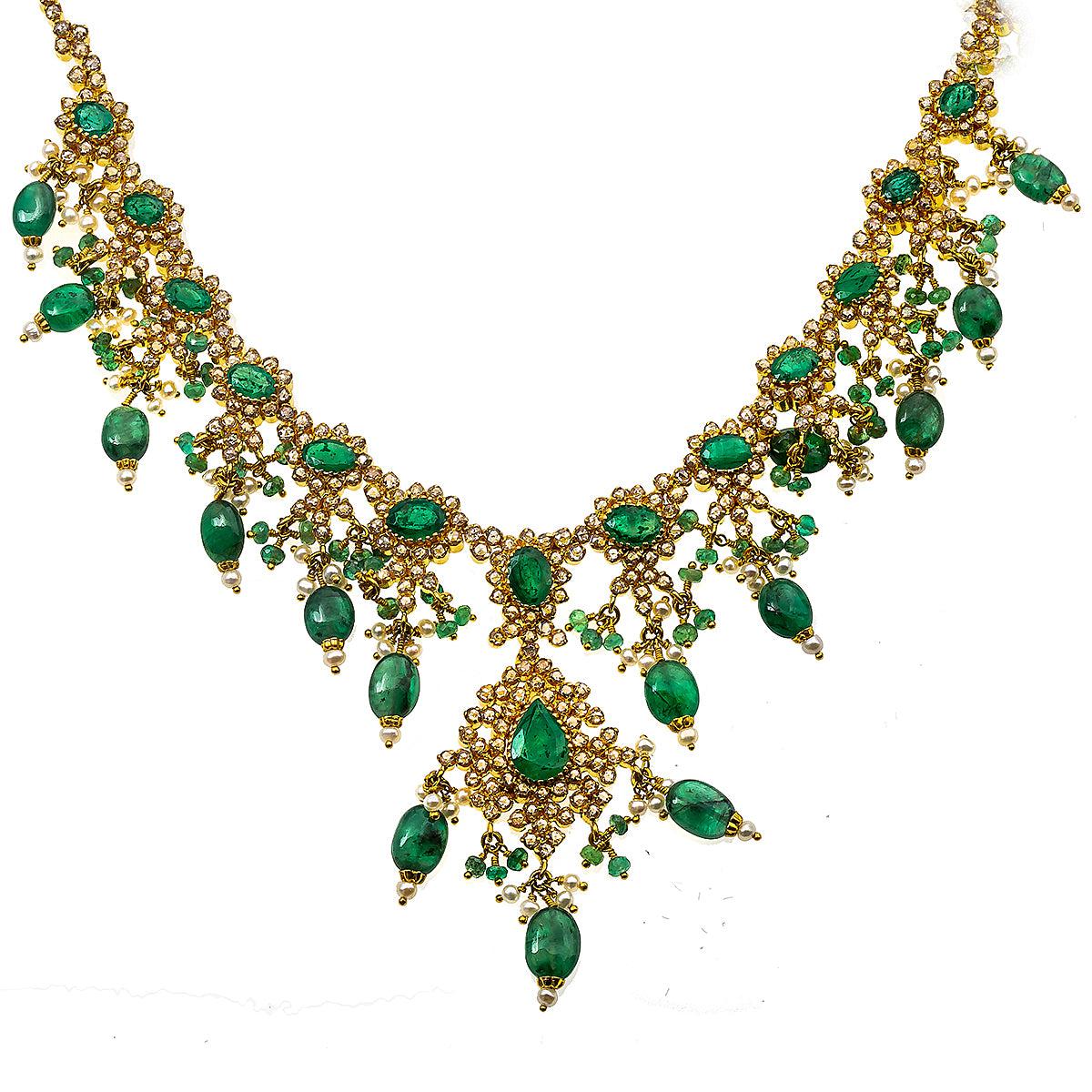 22K Yellow Gold and 16" Emerald Necklace With 15.00 CT Diamonds