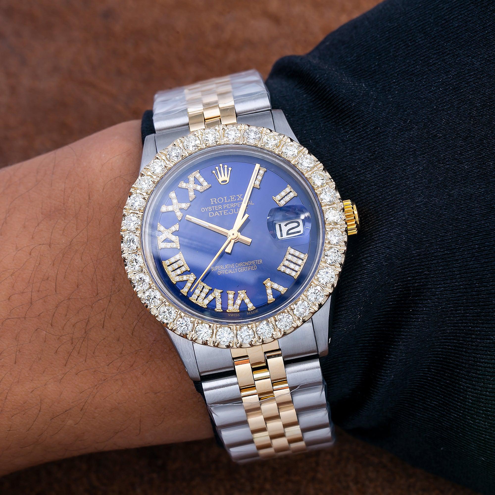 Rolex Datejust 36MM 1601 Blue Roman Diamond Dial Diamond Bezel Two Tone Yellow Gold Jubilee Bracelet 3.25ct