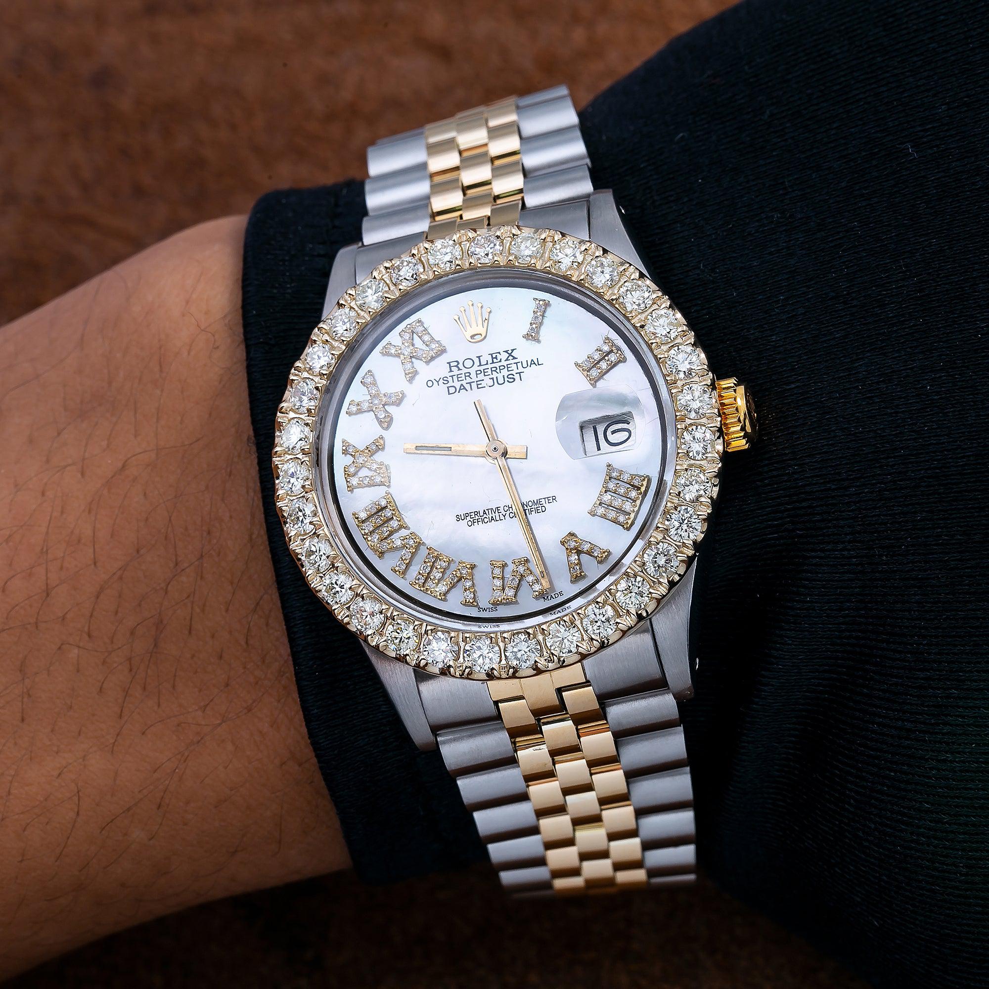 Rolex Datejust 36MM 1601 White Mother of Pearl Roman Diamond Dial Diamond Bezel Two Tone Yellow Gold Jubilee Bracelet 3.25ct
