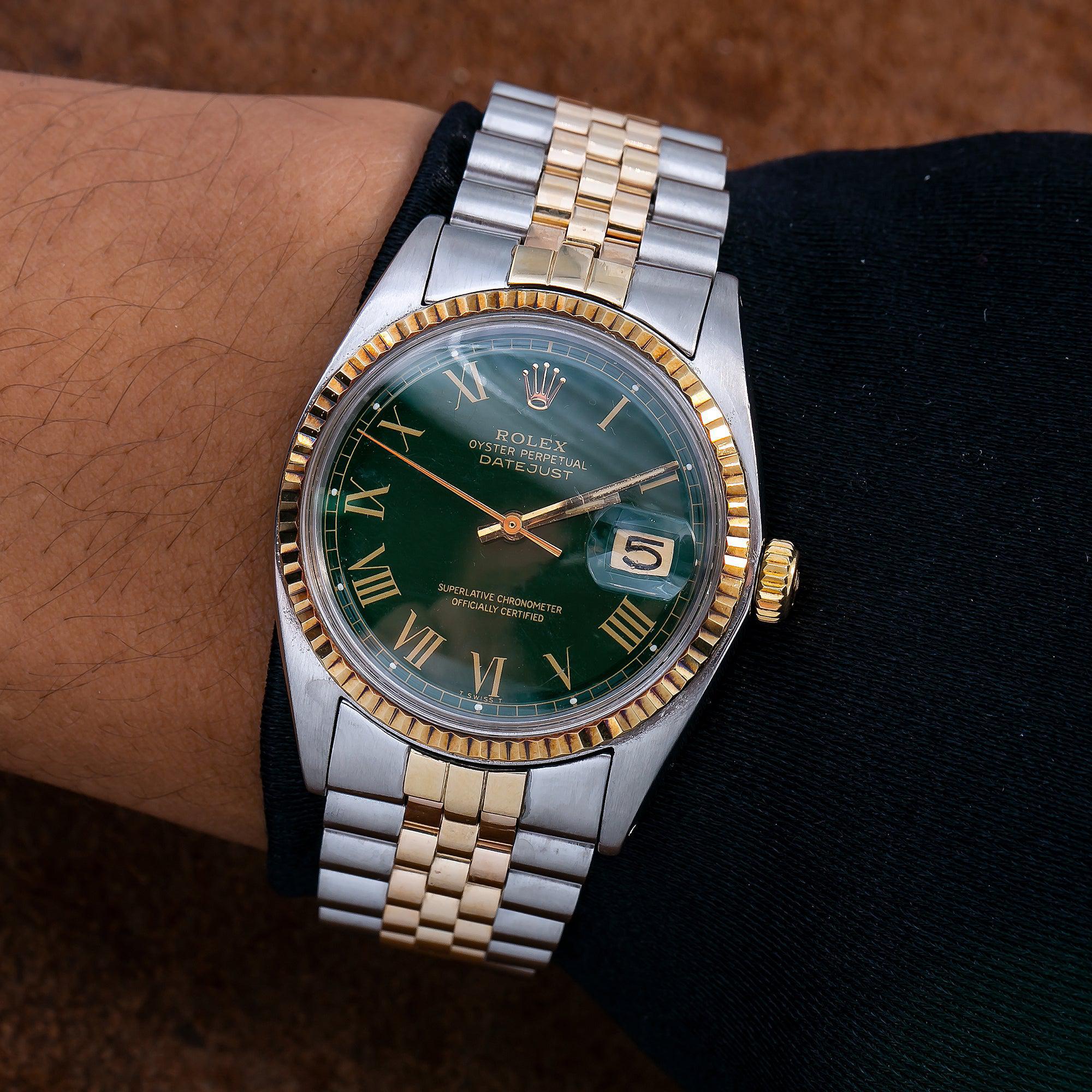 Rolex Datejust 36MM 1601 Green Roman Dial Fluted Bezel Two Tone Yellow Gold Jubilee Bracelet