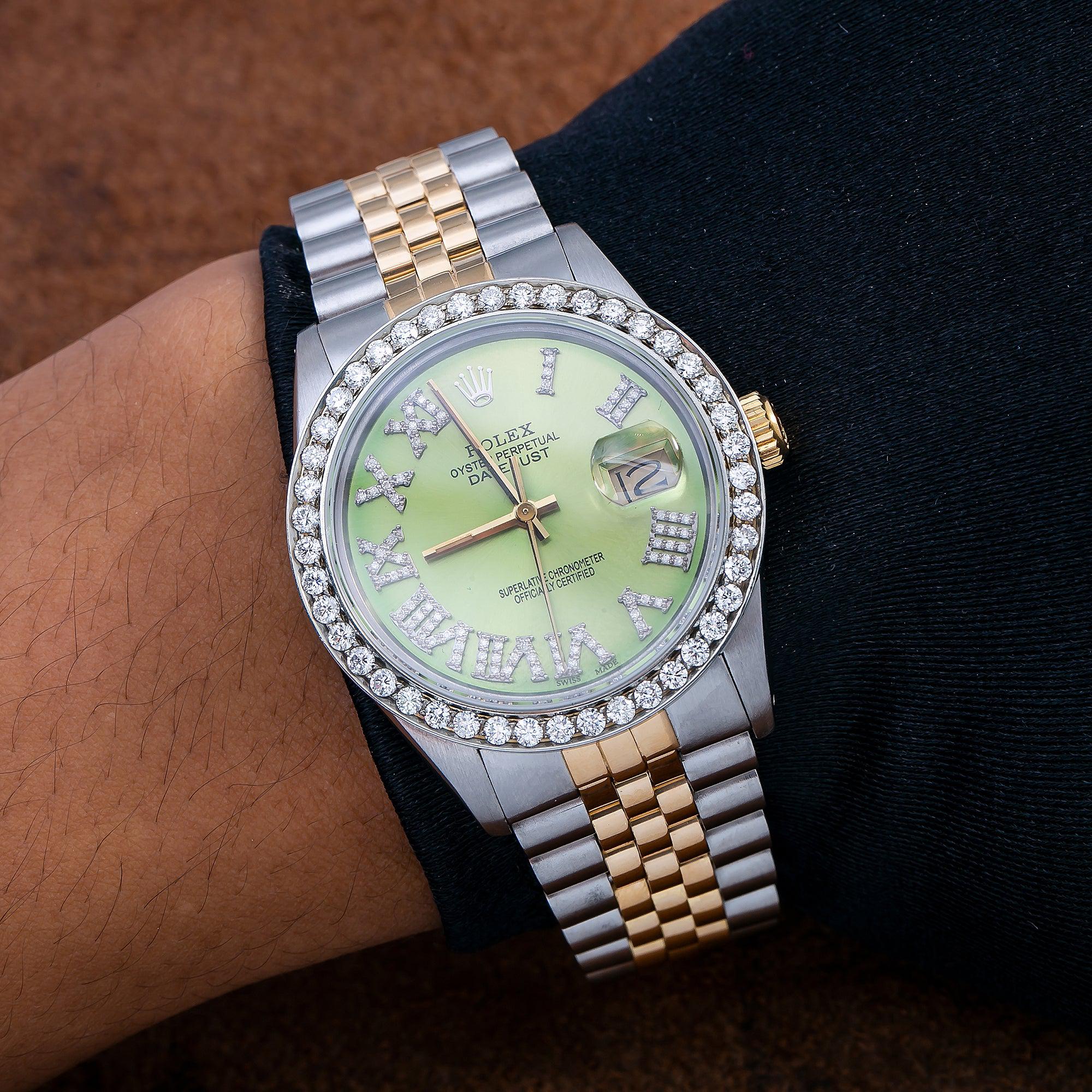 Rolex Datejust 36MM 1601 Green Roman Diamond Dial Diamond Bezel Two Tone Yellow Gold Jubilee Bracelet
