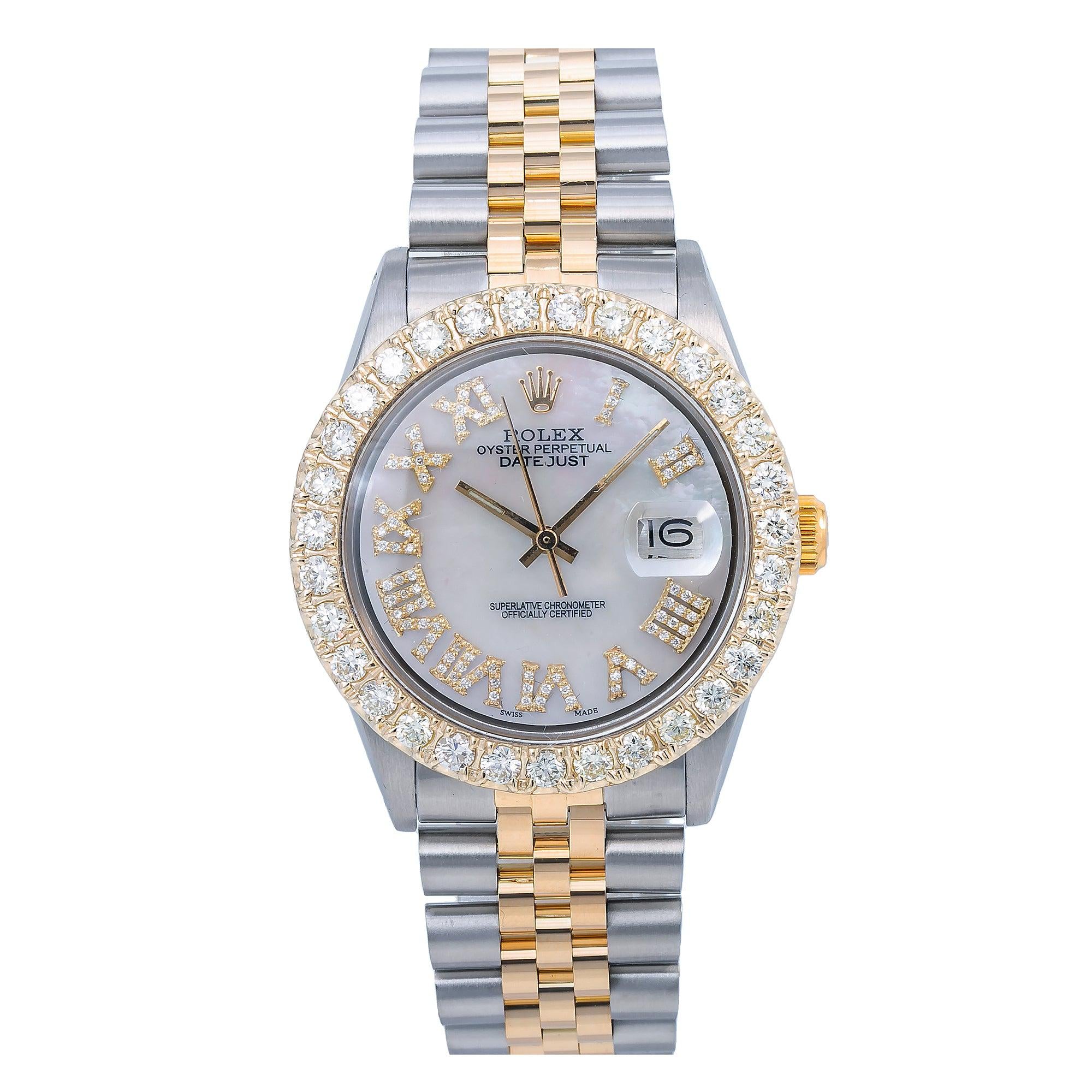 Rolex Datejust 36MM 1601 Mother of Pearl Roman Dial Diamond Bezel Two Tone Jubilee Bracelet 3.25ct