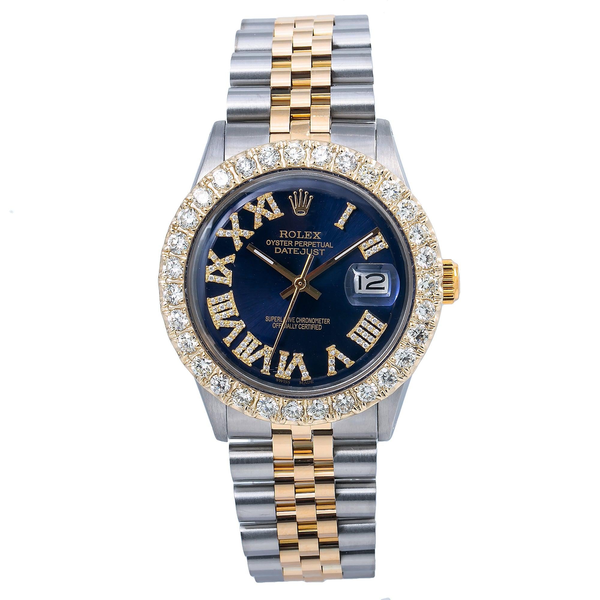 Rolex Datejust 36MM 1601 Blue Roman Dial Diamond Bezel Two Tone Jubilee Bracelet 3.25ct