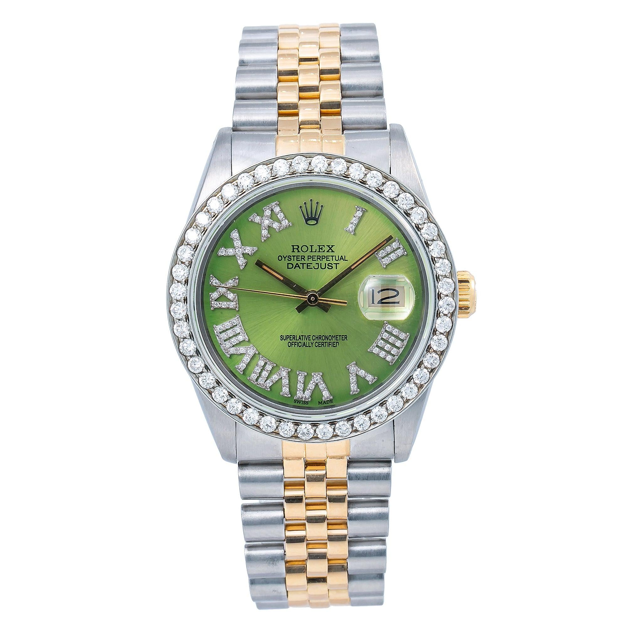 Rolex Datejust 36MM 1601 Green Roman Dial Diamond Bezel Two Tone Jubilee Bracelet