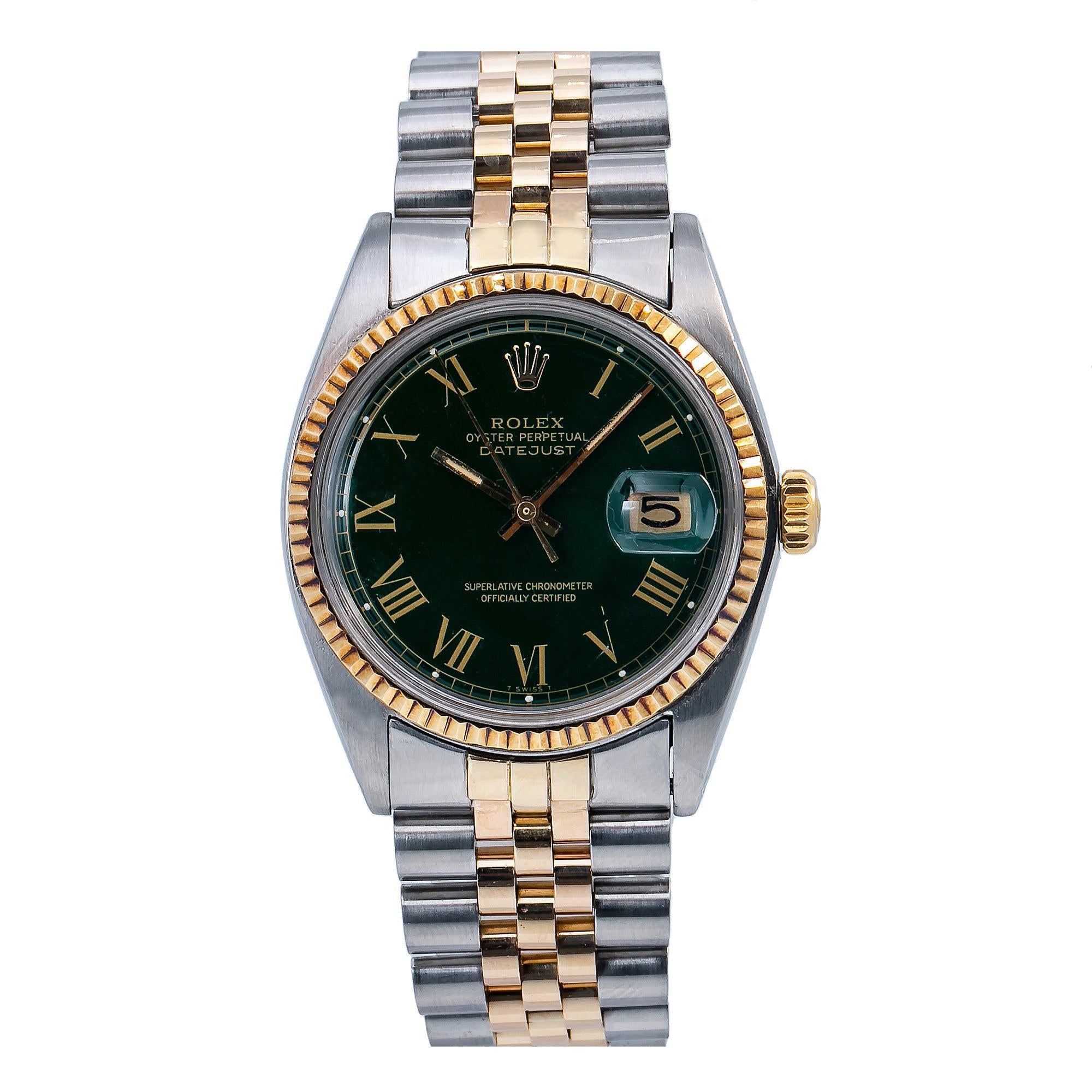 Rolex Datejust 36MM 1601 Green Roman Dial Yellow Gold Fluted Bezel