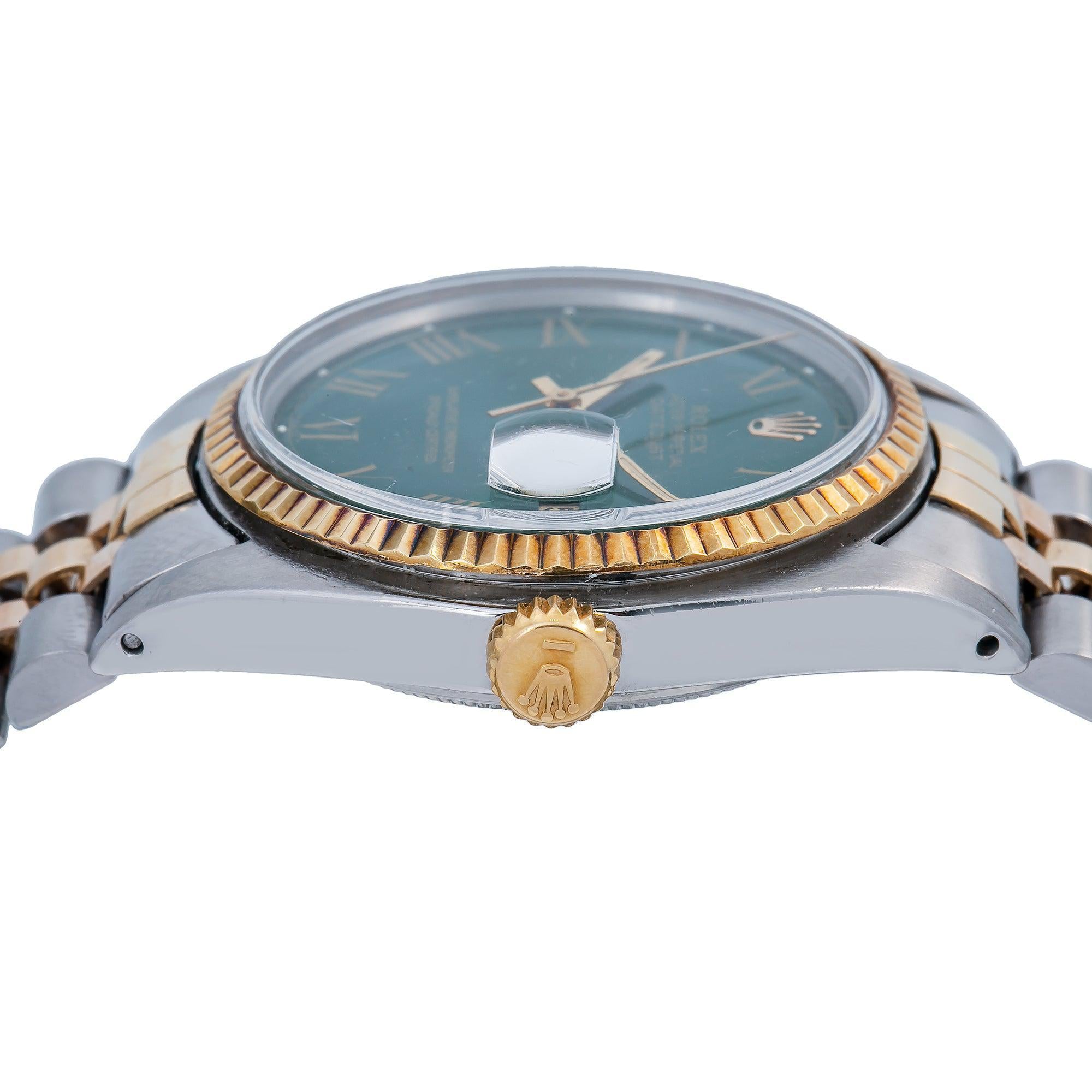 Rolex Datejust 36MM 1601 Green Roman Dial Fluted Bezel Two Tone Yellow Gold Jubilee Bracelet