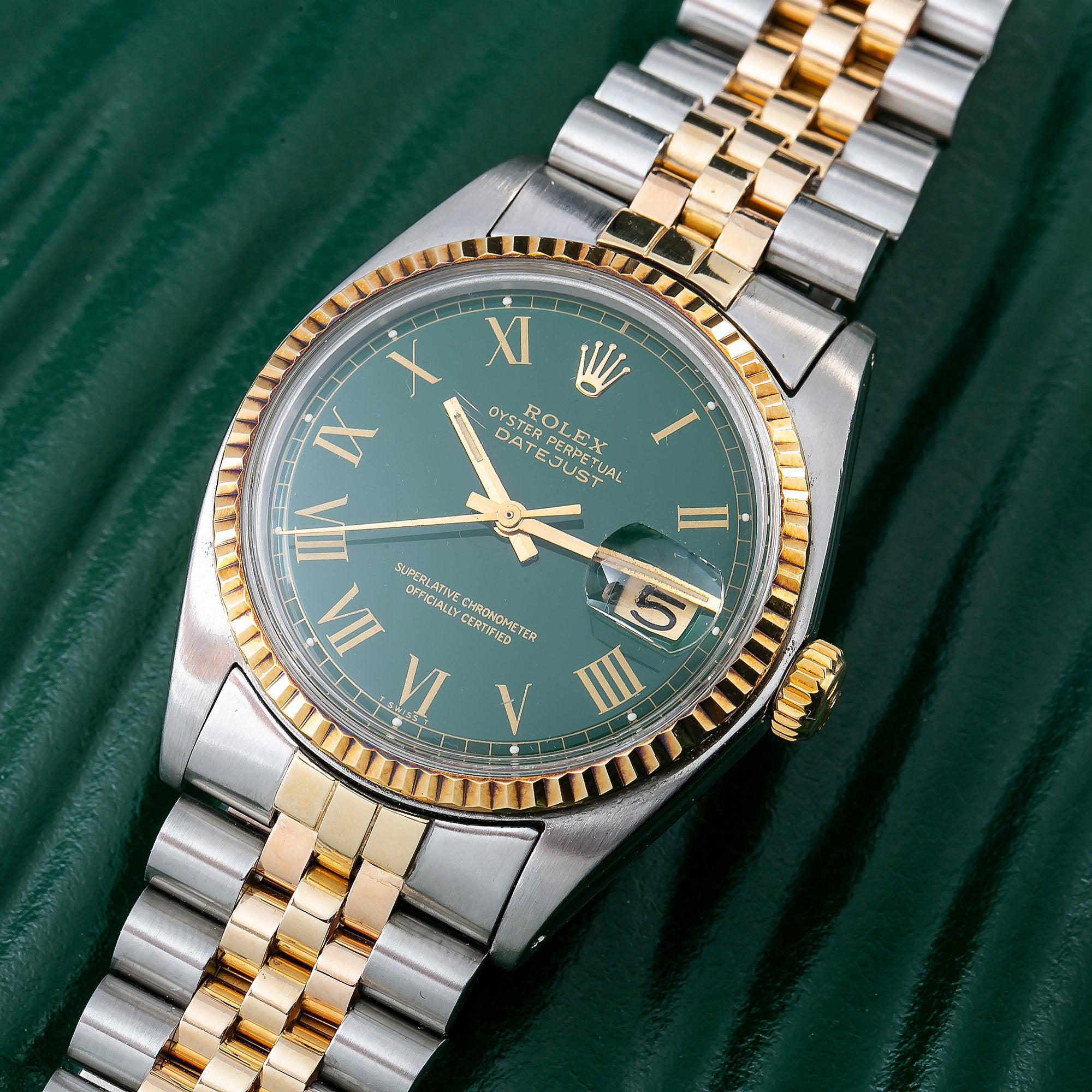 Rolex Datejust 36MM 1601 Green Roman Dial Fluted Bezel Two Tone Yellow Gold Jubilee Bracelet