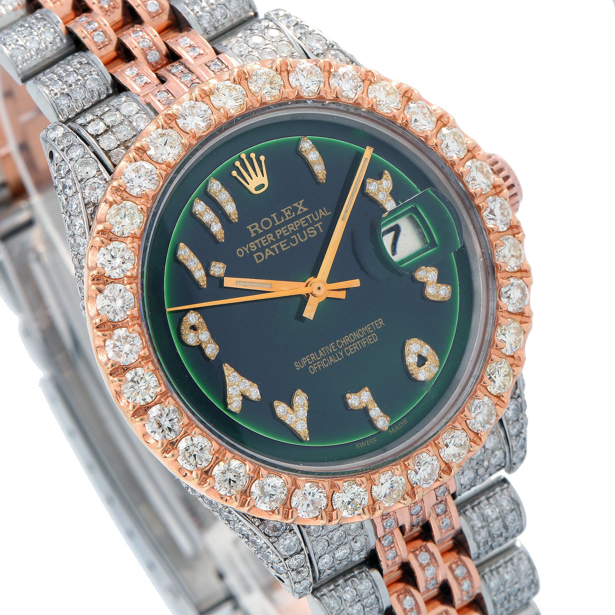 Rolex Datejust 36MM 1601 Green Eastern Arabic Diamond Dial Diamond Bezel Two Tone Rose Gold Full Diamond Jubilee Bracelet