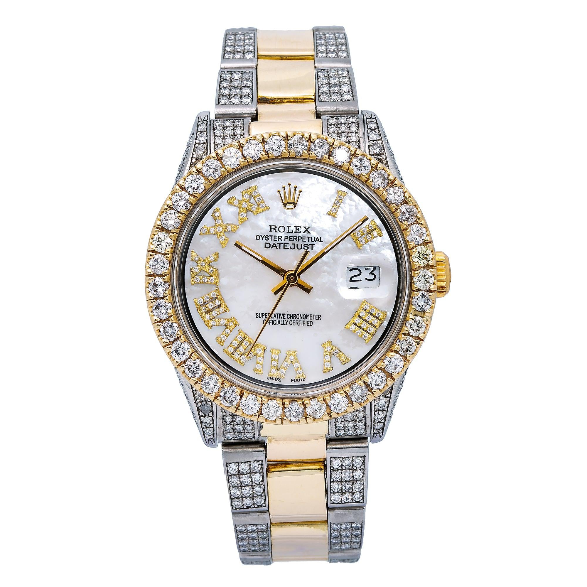 Rolex Datejust 36MM 1601 Mother of Pearl Roman Dial Diamond Bezel Two Tone Semi Diamond Jubilee Bracelet