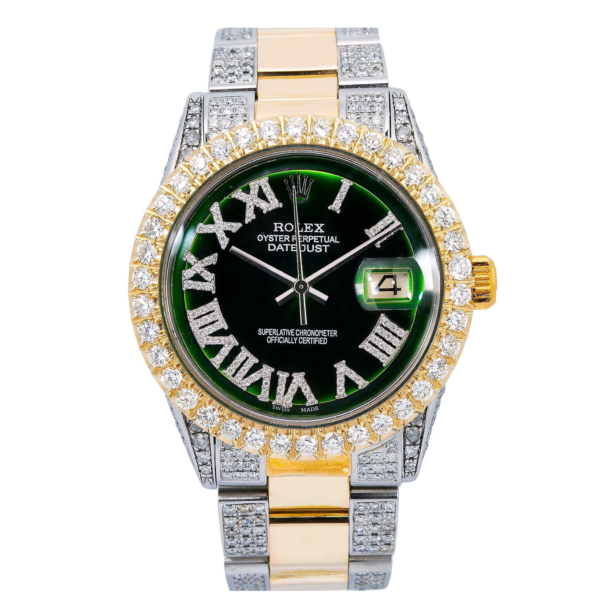 Rolex Datejust 36MM 1601 Green Roman Dial Diamond Bezel Two Tone Semi Diamond Oyster Bracelet