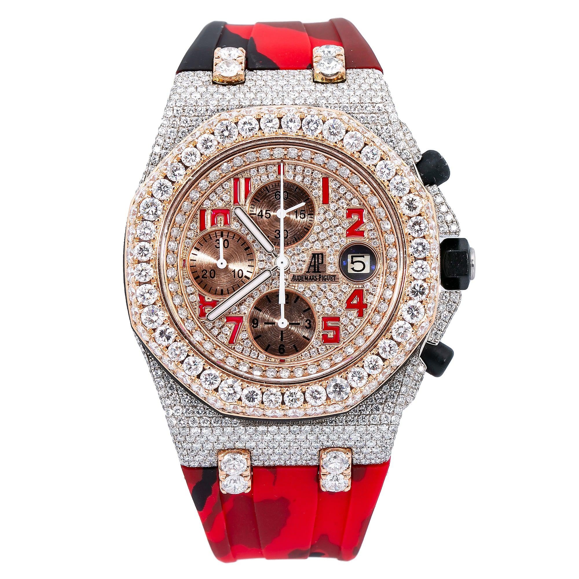 Audemars Piguet Royal Oak Offshore Chronograph 42MM 26170ST Diamond Paved Arabic Dial Diamond Bezel Red Camo Rubber Band 17.25ct