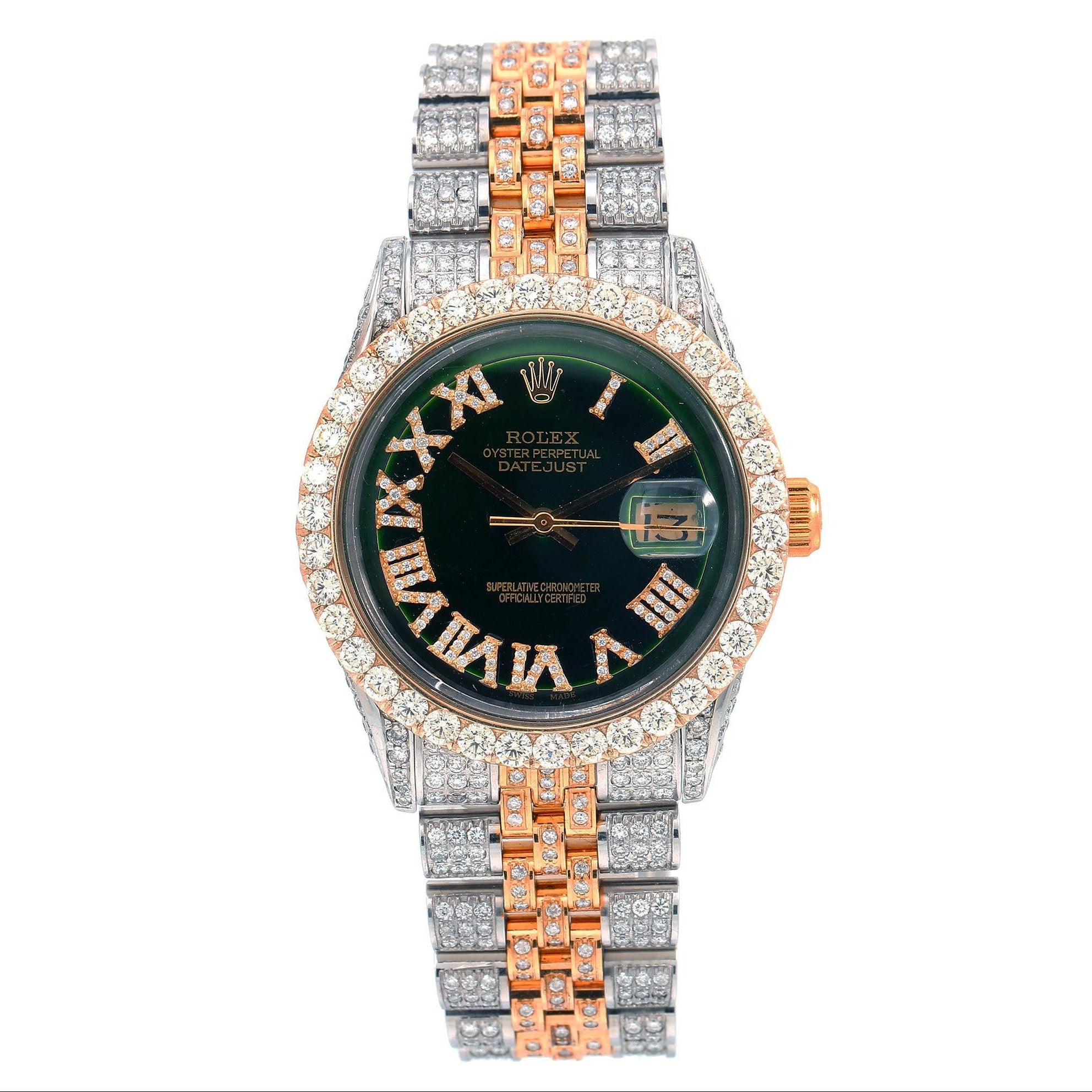 Rolex Datejust 36MM 1601 Green Roman Diamond Dial Diamond Bezel Two Tone Yellow Gold Full Diamond Jubilee Bracelet 9.25ct