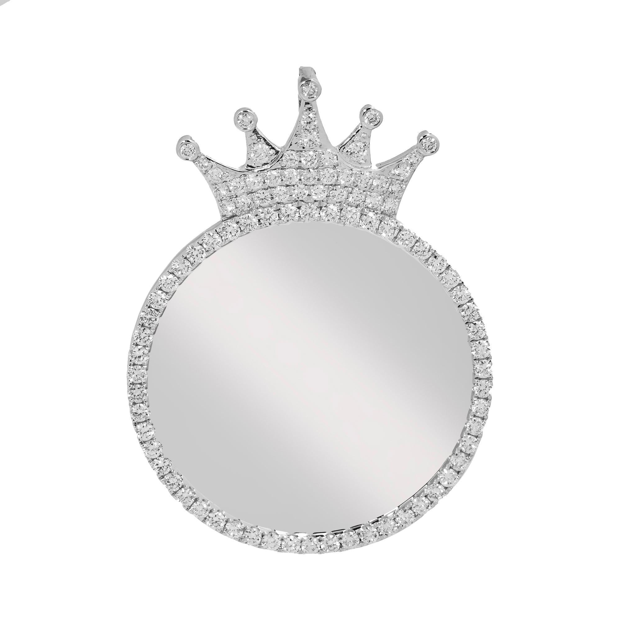 14K WHITE GOLD ROUND DIAMOND CIRCLE WITH CROWN PICTURE PENDANT 2.47 CT