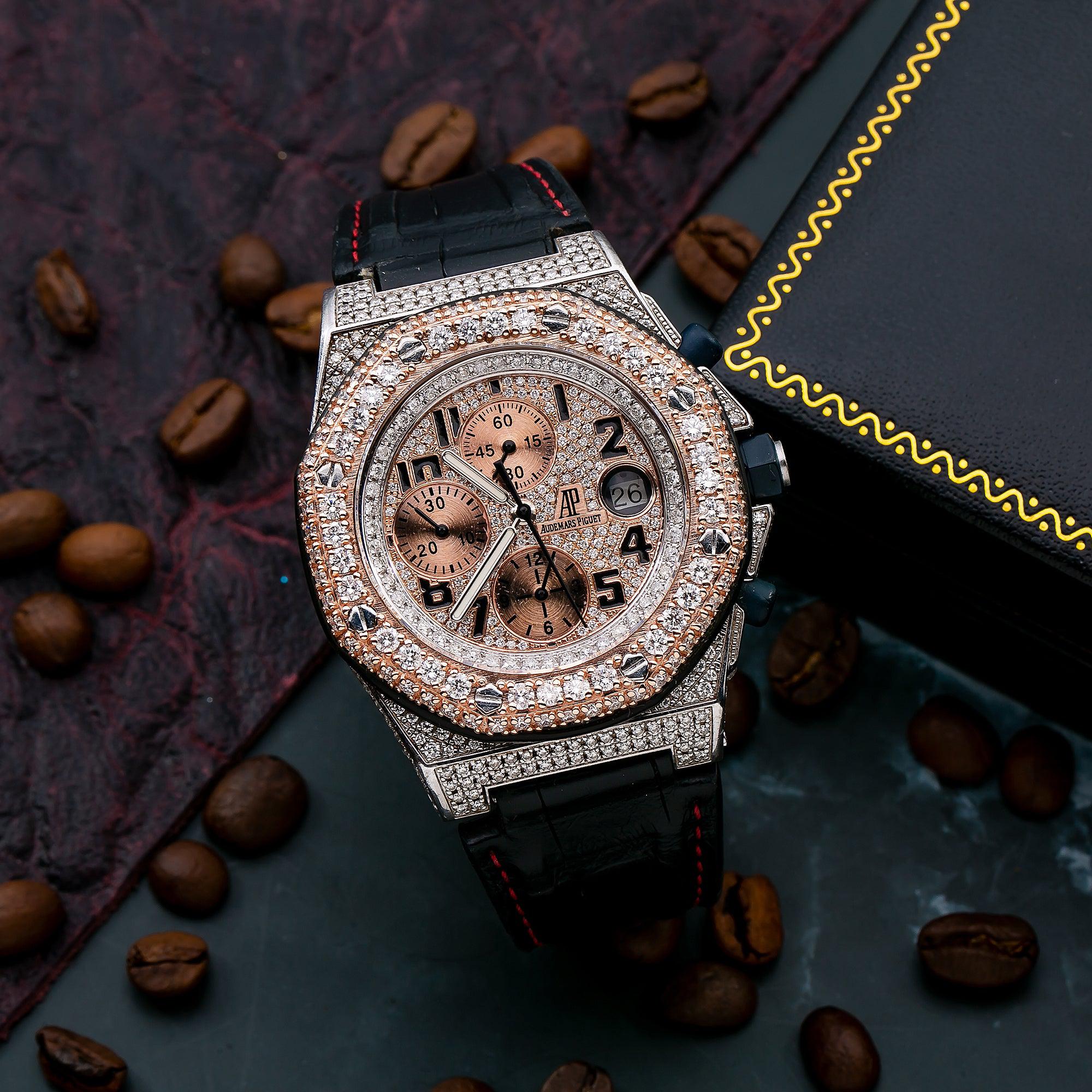 Audemars Piguet Royal Oak Offshore Chronograph 42MM 26170ST Diamond Paved Arabic Dial Custom Aftermarket Black Alligator Leather Strap