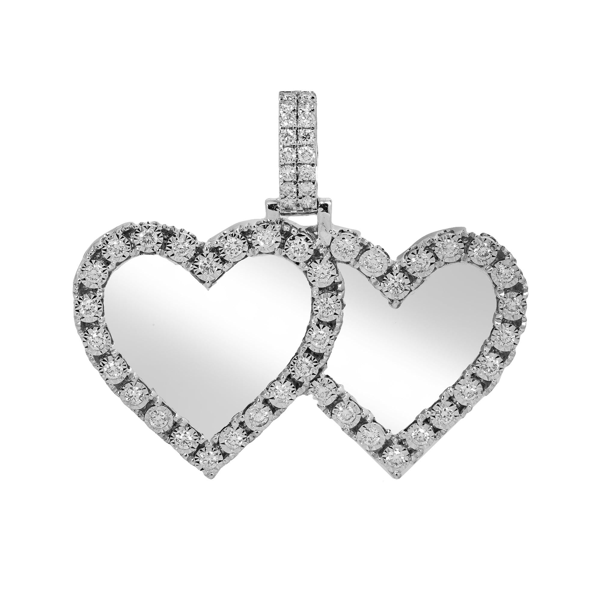 14K WHITE GOLD DIAMOND DOUBLE HEART PICTURE PENDANT 1.55 CT