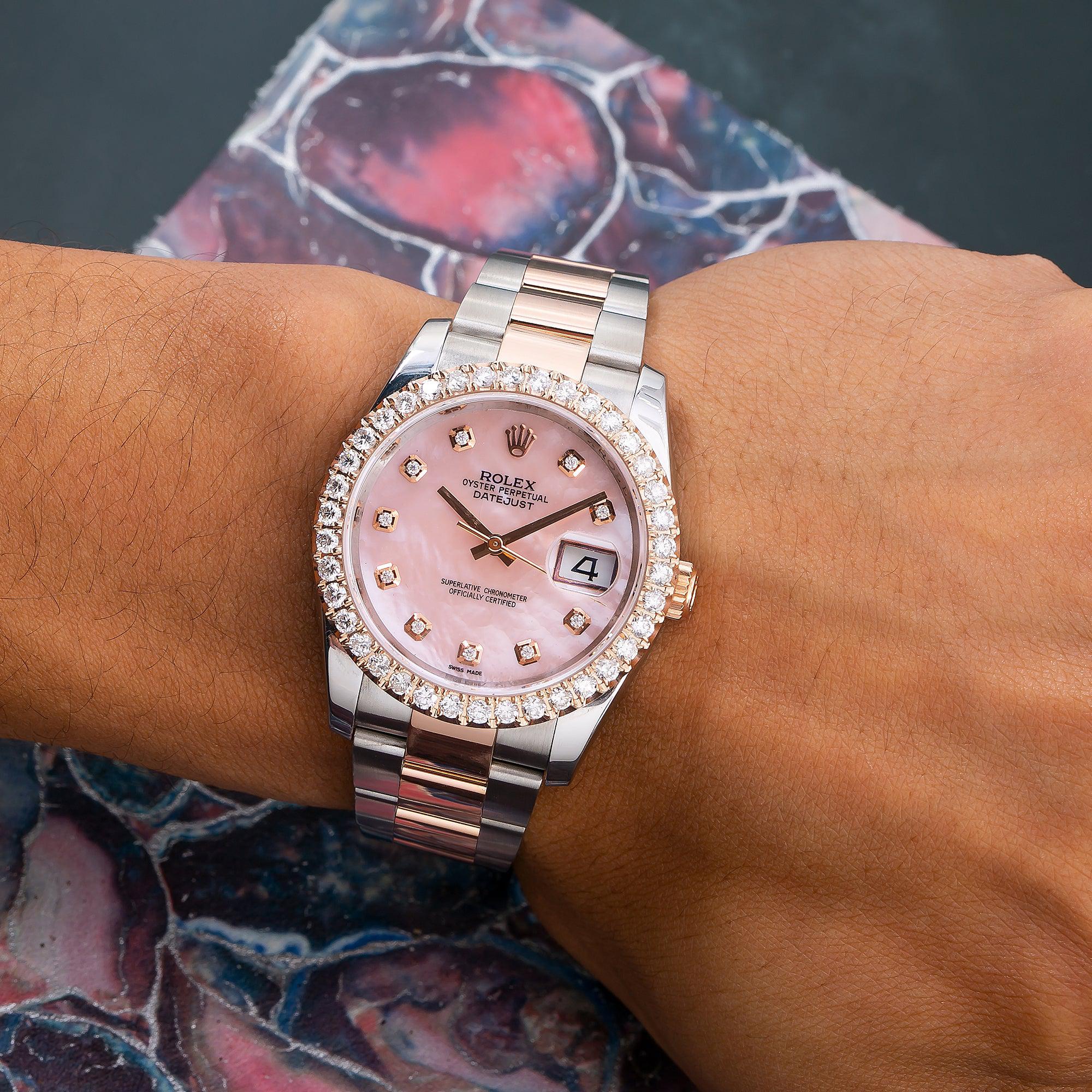Rolex Datejust 36MM 116231 Pink Mother of Pearl Diamond Dial Diamond Bezel Two Tone Rose Gold Oyster Bracelet