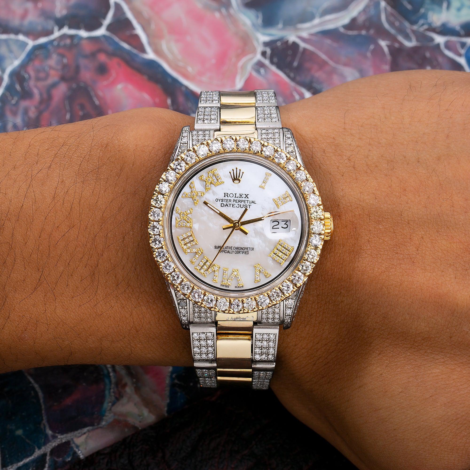 Rolex Datejust 36MM 1601 White Mother of Pearl Roman Diamond Dial Diamond Bezel Two Tone Yellow Gold Semi Diamond Jubilee Bracelet