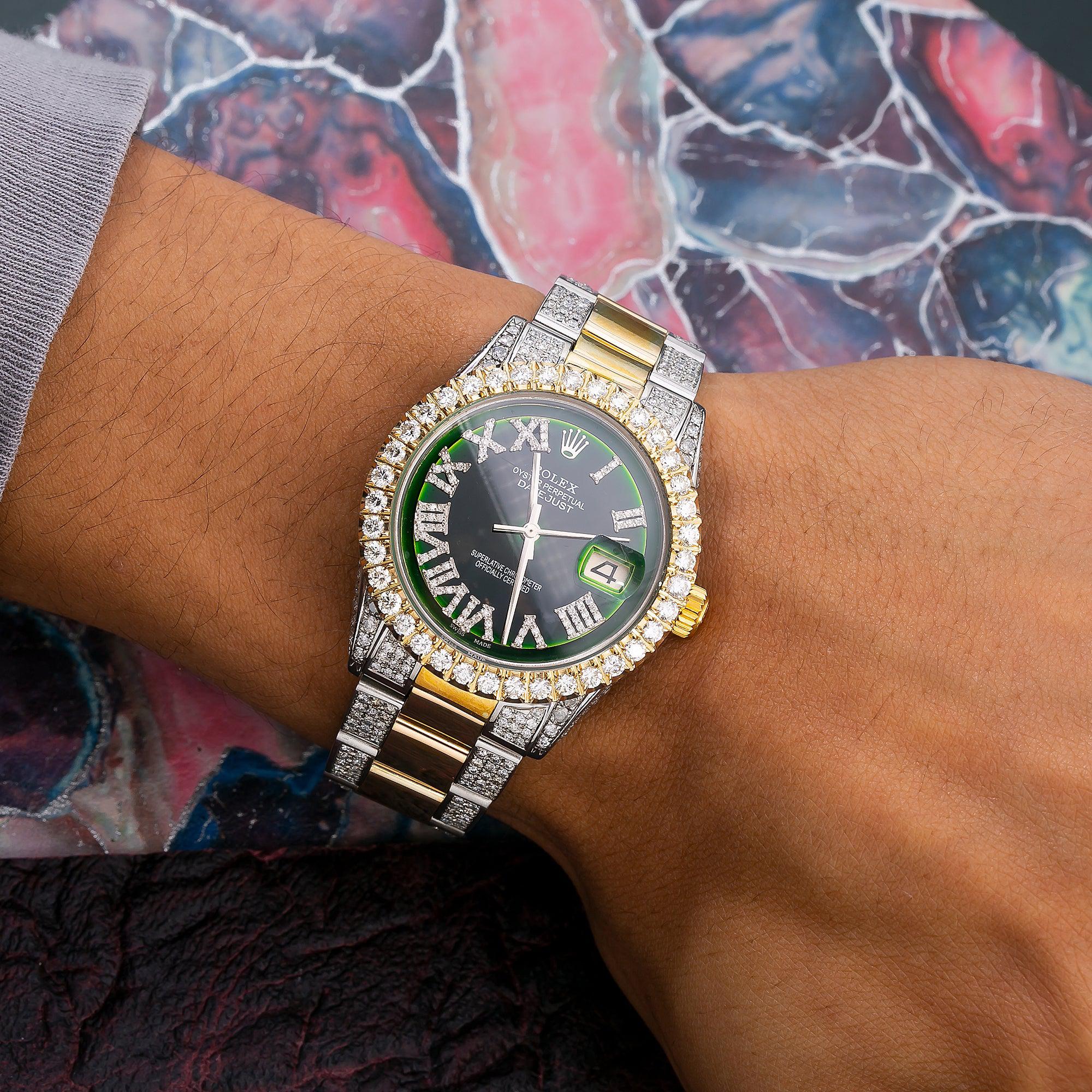 Rolex Datejust 36MM 1601 Green Roman Diamond Dial Diamond Bezel Two Tone Yellow Gold Semi Diamond Oyster Bracelet