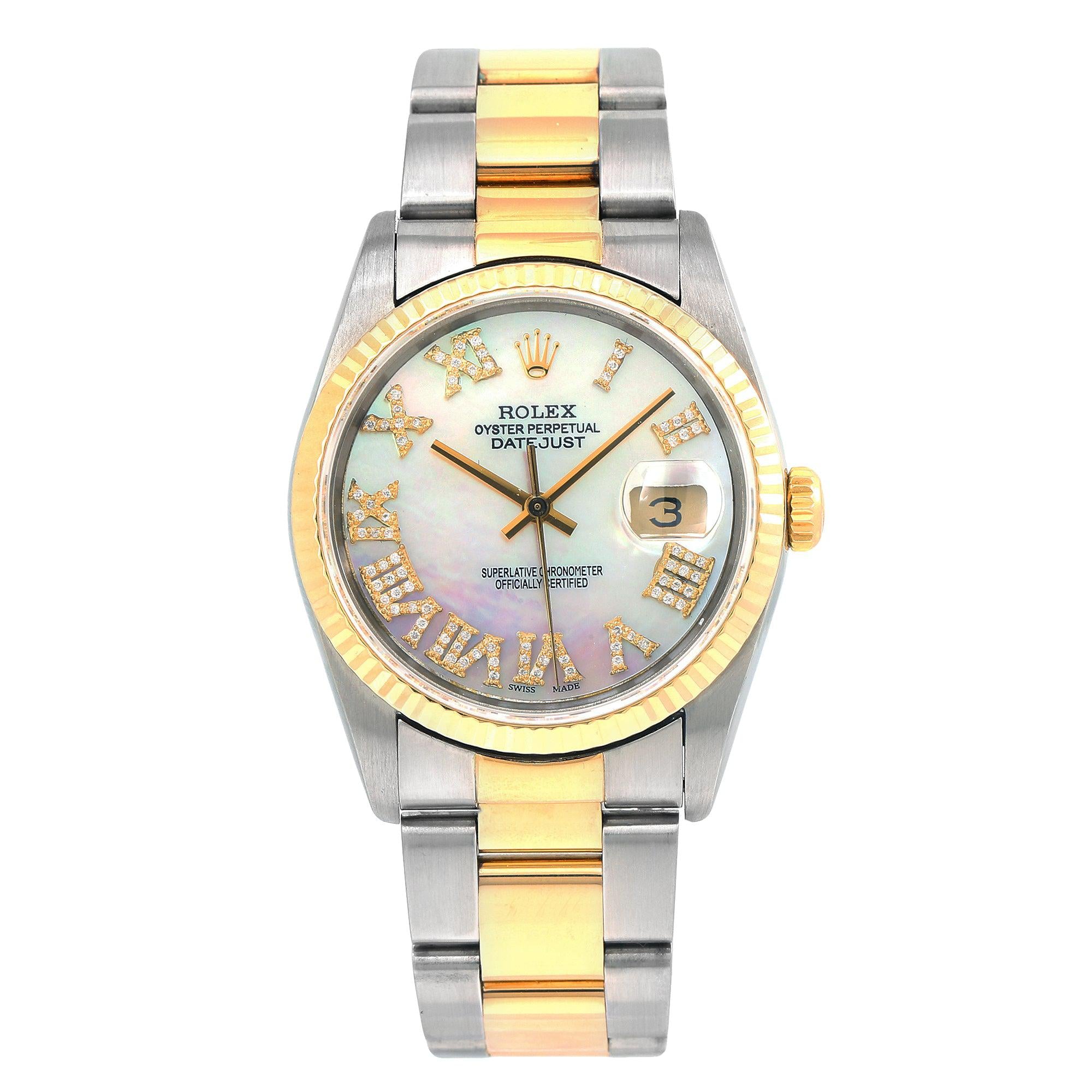 Rolex Datejust 36MM 16233 Mother of Pearl Roman Dial Yellow Gold Fluted Bezel Two Tone Oyster Bracelet