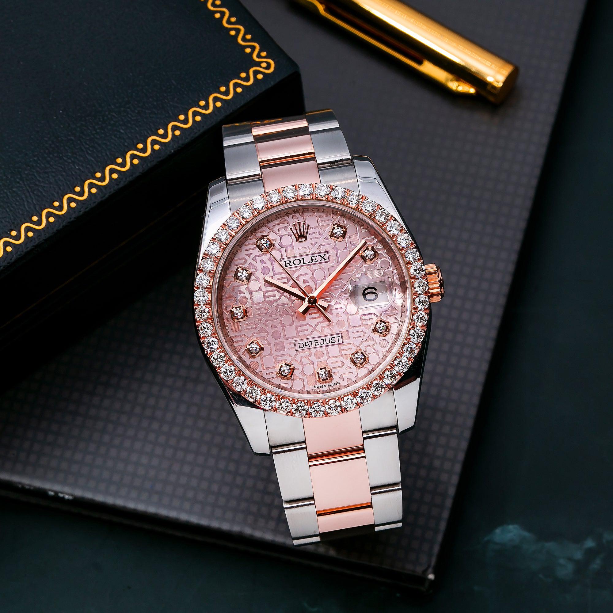 Rolex Datejust 36MM 116231 Pink Pattern Diamond Dial Diamond Bezel Two Tone Rose Gold Oyster Bracelet 1.35ct
