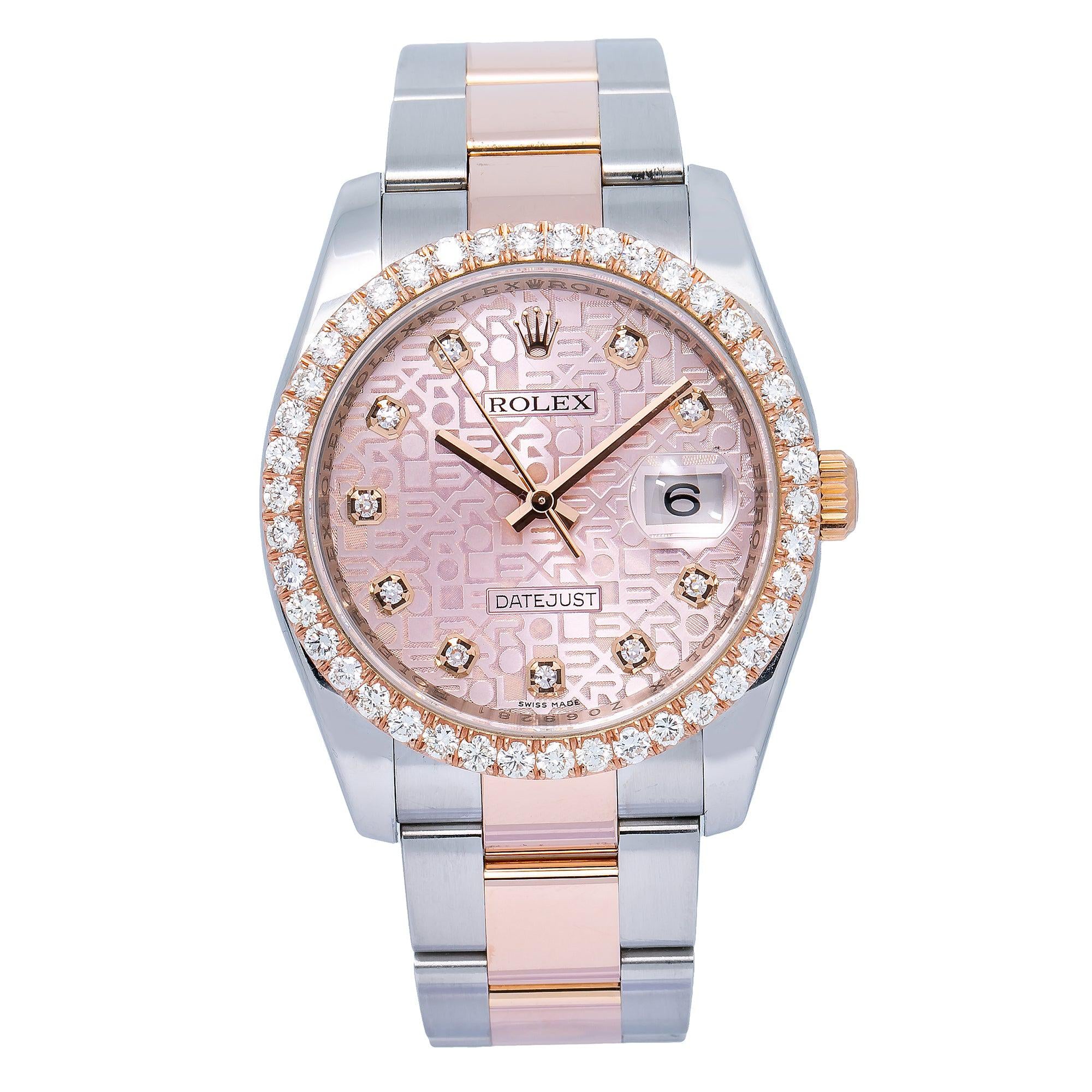 Rolex Datejust 36MM 116231 Pink Pattern Diamond Dial Diamond Bezel Two Tone Oyster Bracelet 1.35ct