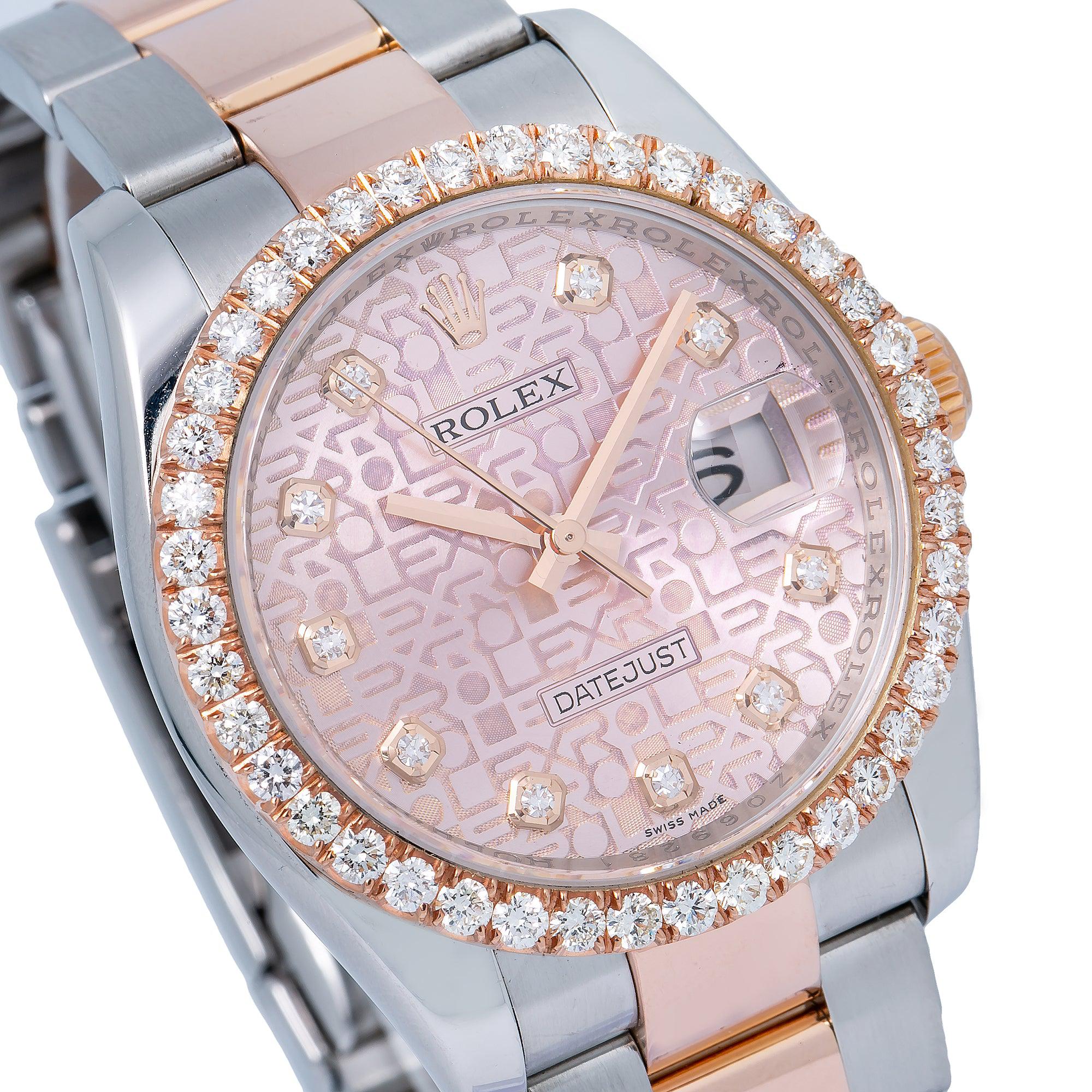 Rolex Datejust 36MM 116231 Pink Pattern Diamond Dial Diamond Bezel Two Tone Rose Gold Oyster Bracelet 1.35ct