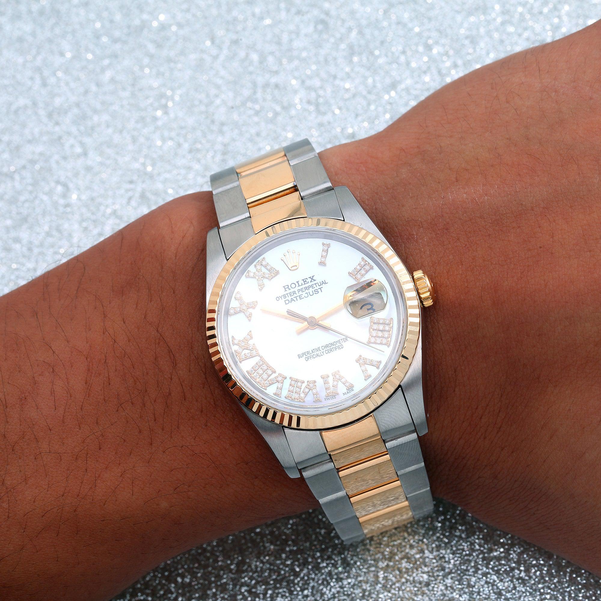 Rolex Datejust 36MM 16233 White Mother of Pearl Roman Diamond Dial Fluted Bezel Two Tone Yellow Gold Oyster Bracelet