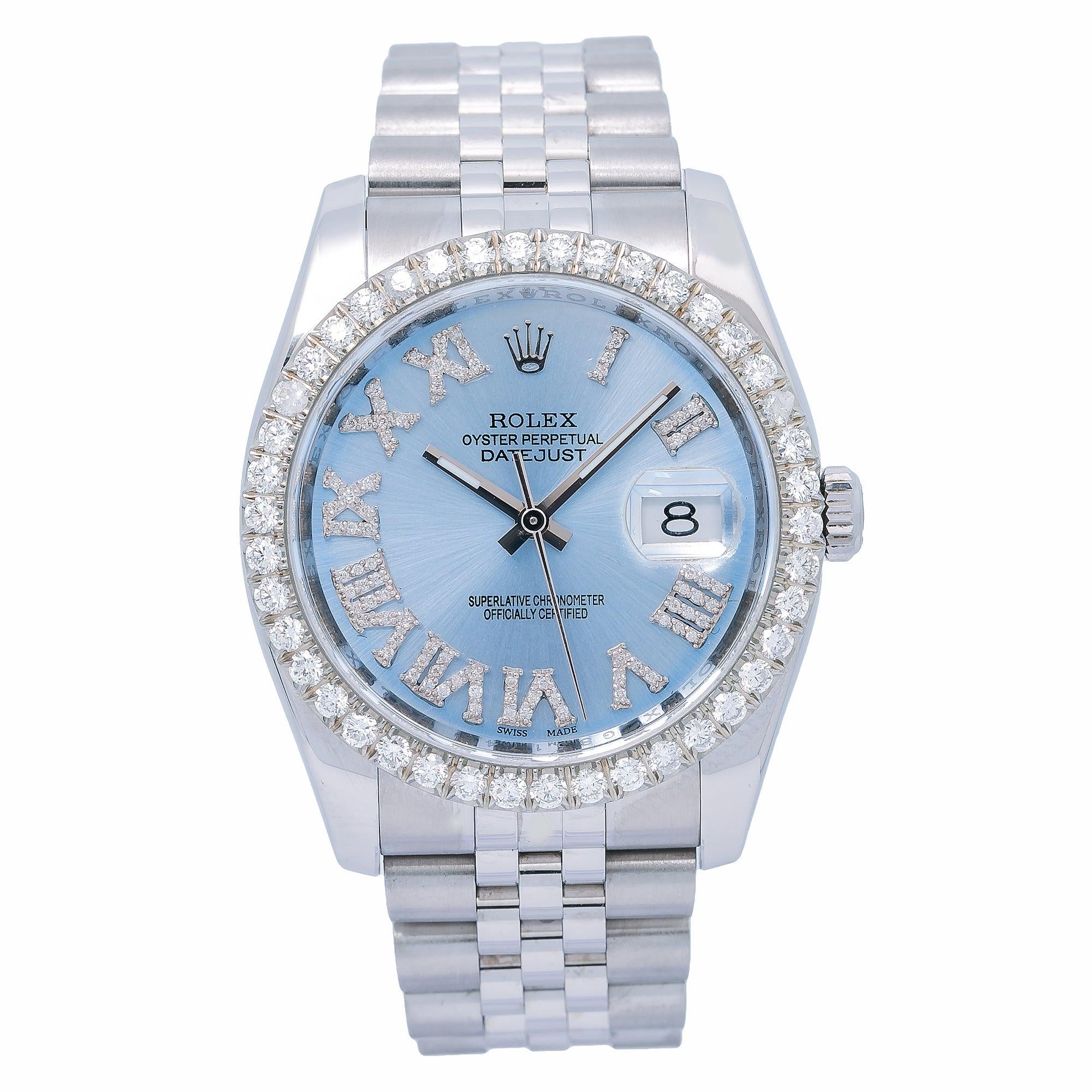 Rolex Datejust 36MM 116234 Ice Blue Roman Dial Diamond Bezel Stainless Steel Jubilee Bracelet
