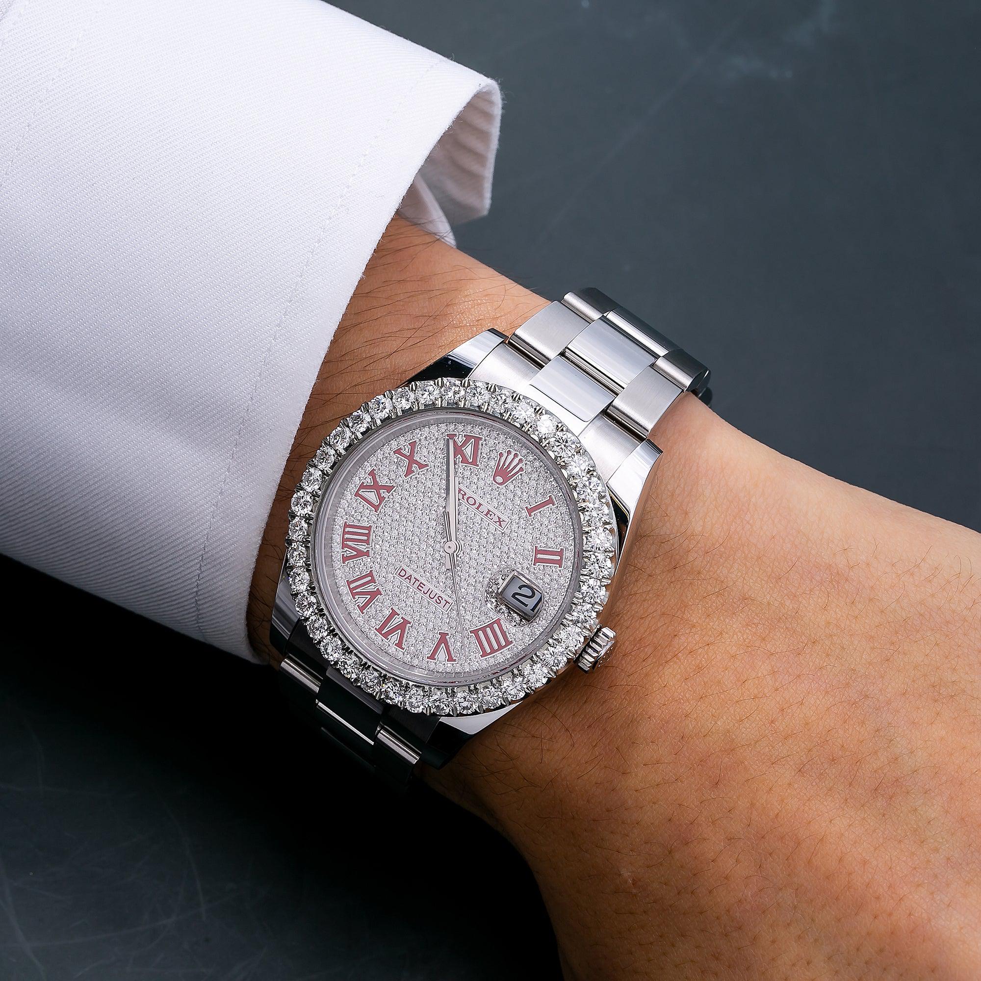Rolex Datejust 41MM 126300 Diamond Paved Red Roman Dial Diamond Bezel Stainless Steel Oyster Bracelet