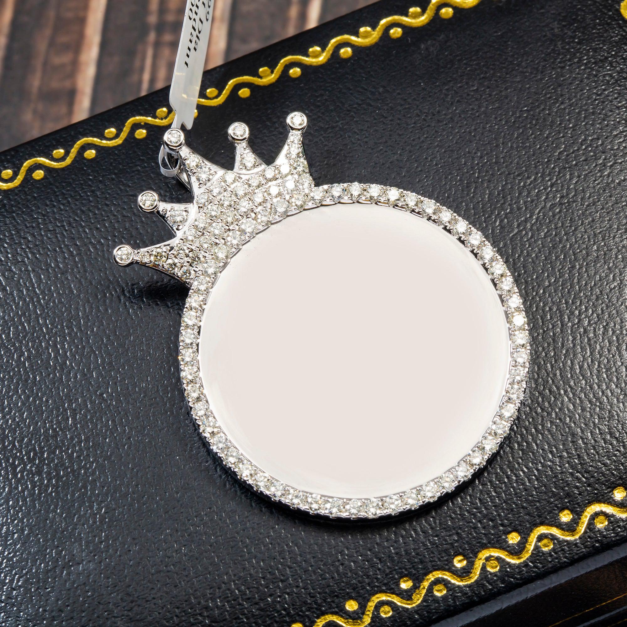 14K WHITE GOLD ROUND DIAMOND CIRCLE WITH CROWN PICTURE PENDANT 2.47 CT