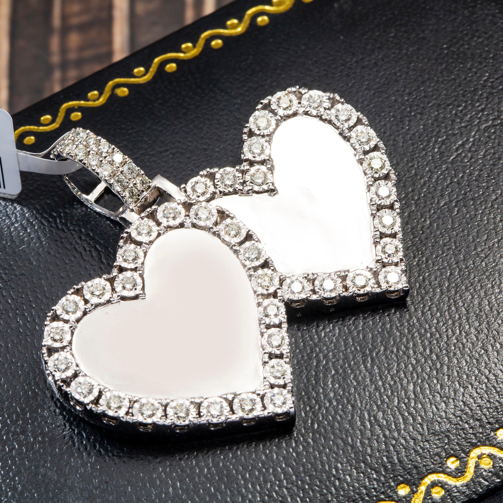 14K WHITE GOLD DIAMOND DOUBLE HEART PICTURE PENDANT 1.55 CT