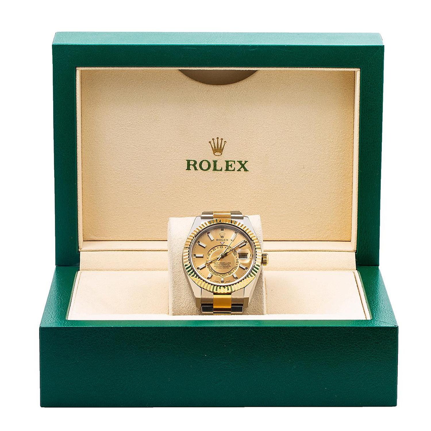 Rolex Sky-Dweller 42MM 326933 Champagne Dial Fluted Bezel Two Tone Yellow Gold Oyster Bracelet