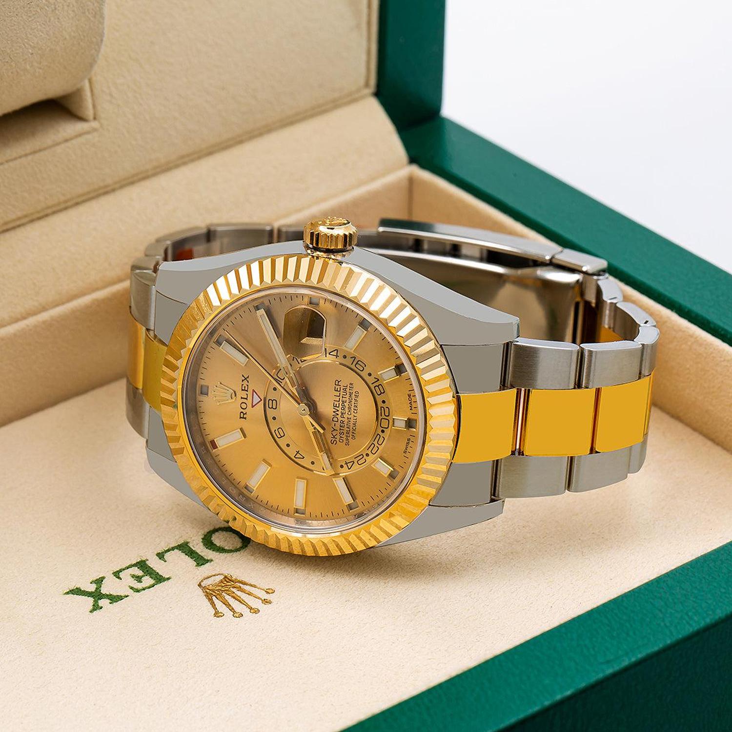 Rolex Sky-Dweller 42MM 326933 Champagne Dial Fluted Bezel Two Tone Yellow Gold Oyster Bracelet