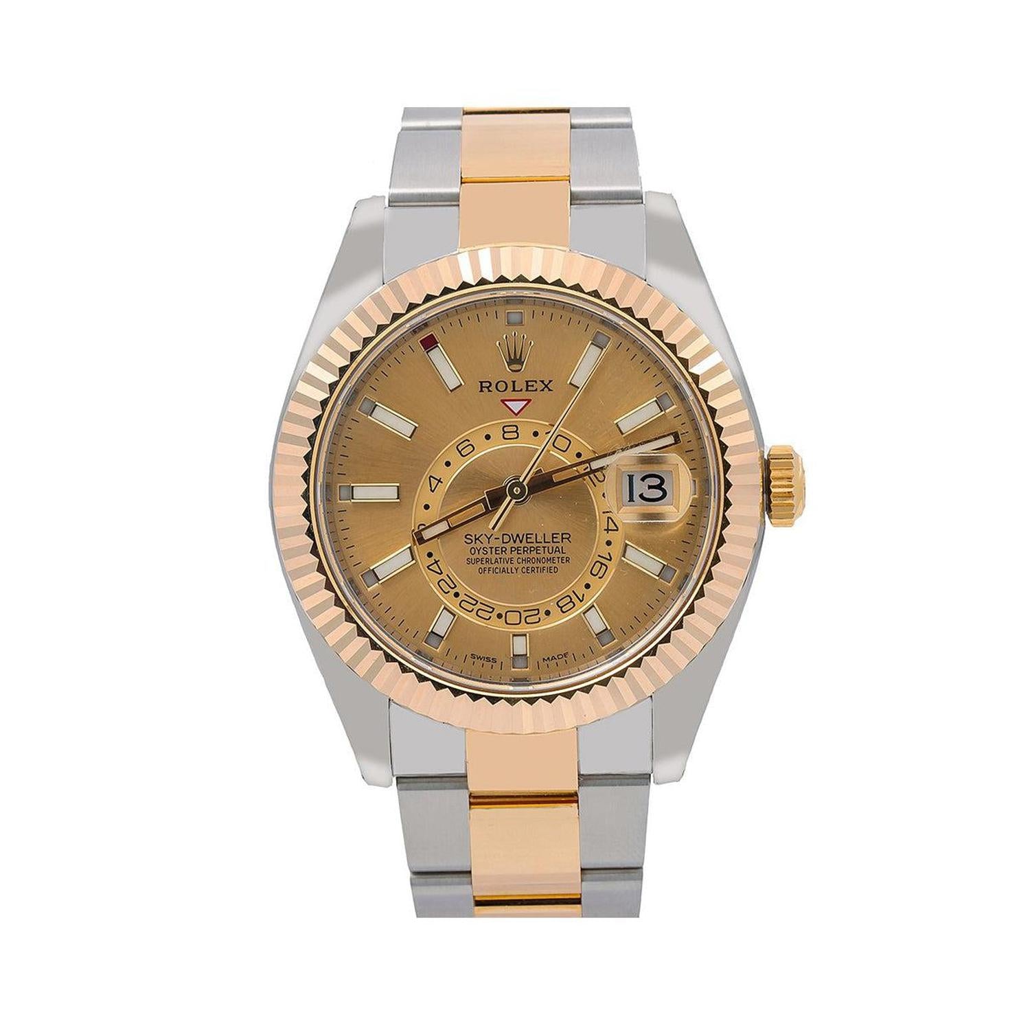 Rolex Sky-Dweller 42MM 326933 Champagne Dial Yellow Gold Fluted Bezel Two Tone Oyster Bracelet