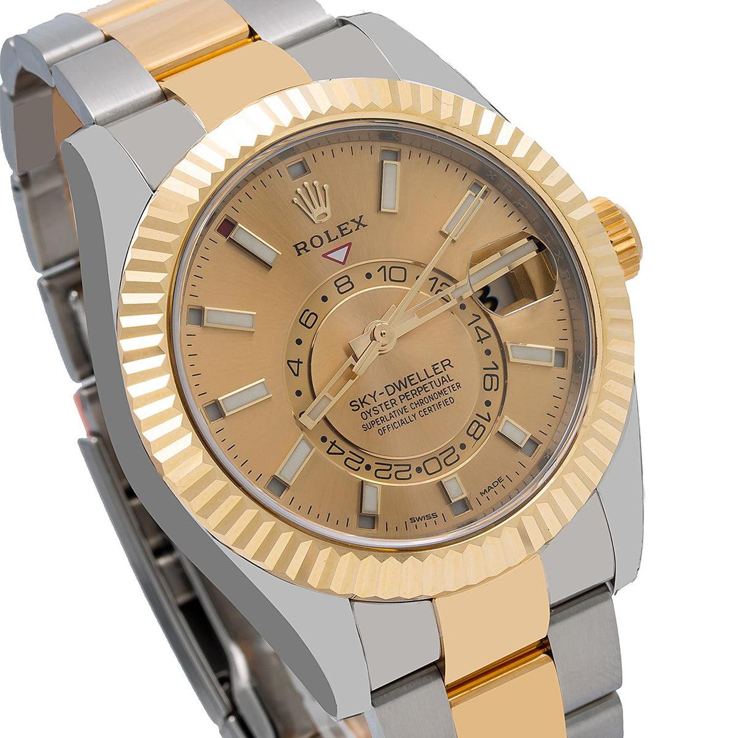 Rolex Sky-Dweller 42MM 326933 Champagne Dial Fluted Bezel Two Tone Yellow Gold Oyster Bracelet