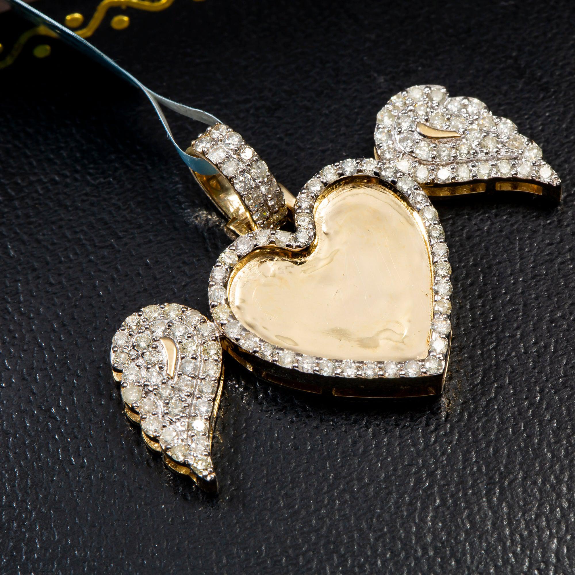 10K YELLOW GOLD DIAMOND HEART ANGEL PICTURE PENDANT 1.19 CT