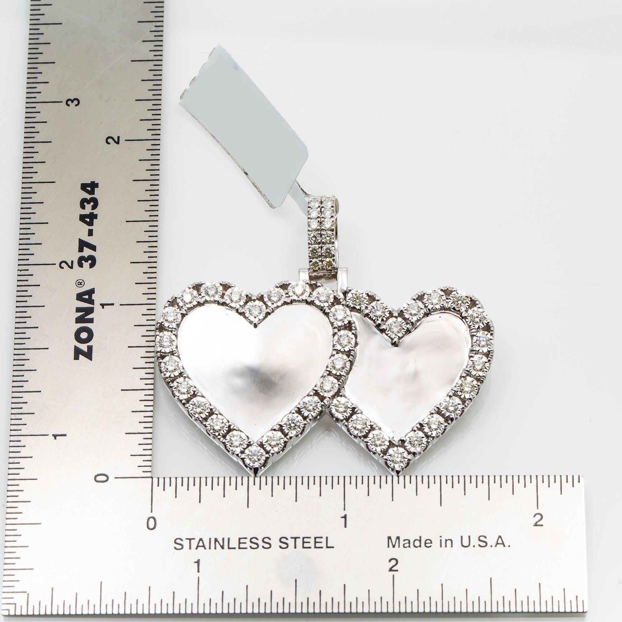 14K WHITE GOLD DIAMOND DOUBLE HEART PICTURE PENDANT 1.55 CT