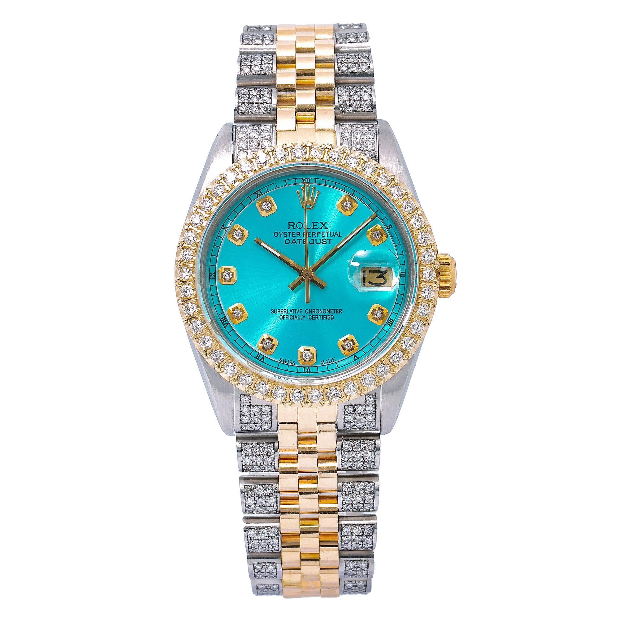 Rolex Datejust 36MM 1601 Turquoise Diamond Dial Diamond Bezel Two Tone Semi Diamond Jubilee Bracelet