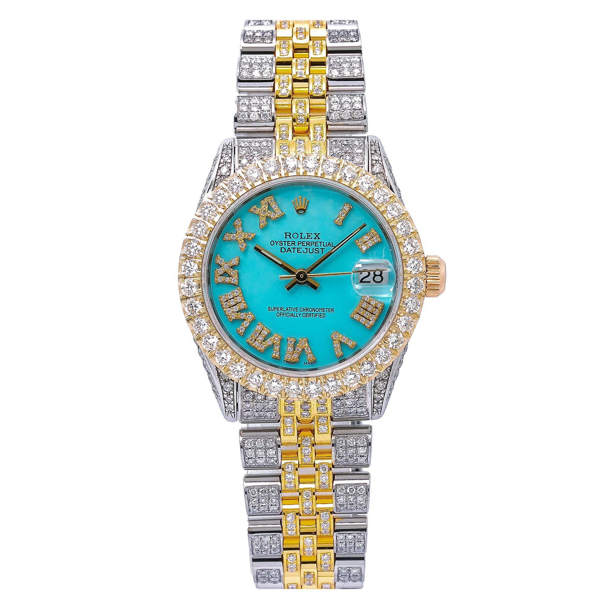 Rolex Datejust 31MM 6827 Turquoise Roman Dial Diamond Bezel Two Tone Full Diamond Jubilee Bracelet 7.25ct