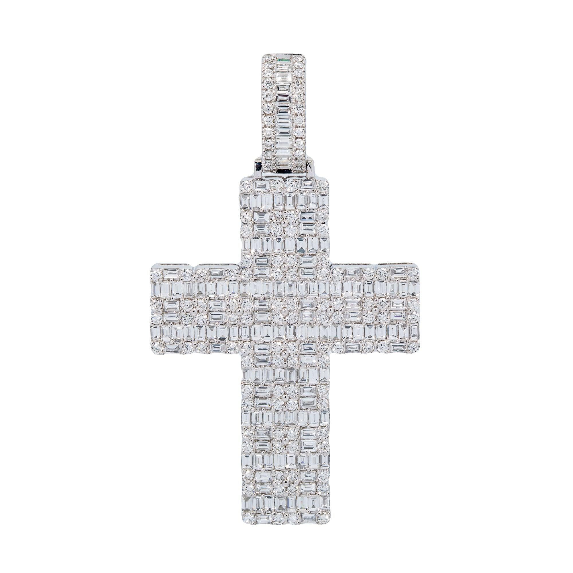 14K WHITE GOLD MEN'S BAGUETTE CROSS PENDANT WITH 3.70 CT DIAMONDS
