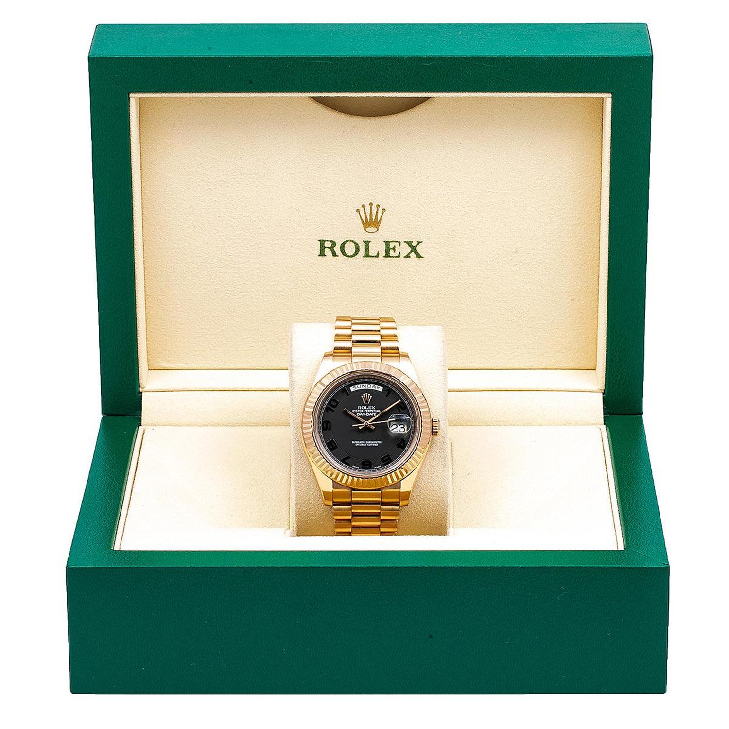 Rolex Day-Date II 41MM 218235 Black Arabic Dial Fluted Bezel 18K Rose Gold President Bracelet
