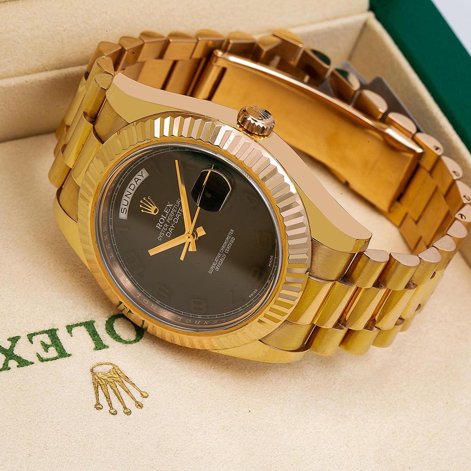 Rolex Day-Date II 41MM 218235 Black Arabic Dial Fluted Bezel 18K Rose Gold President Bracelet