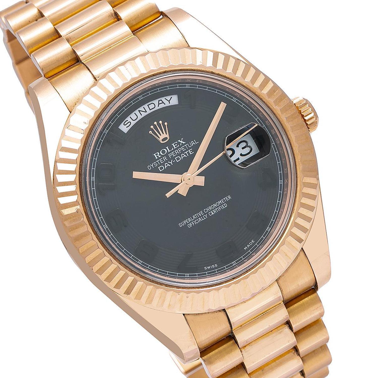 Rolex Day-Date II 41MM 218235 Black Arabic Dial Fluted Bezel 18K Rose Gold President Bracelet