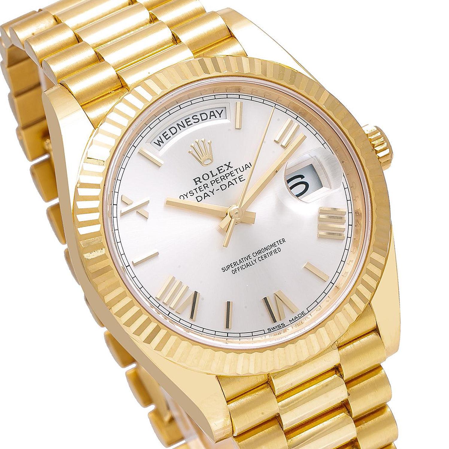 Rolex Day-Date 40MM 228238 Silver Roman Dial Fluted Bezel 18K Yellow Gold President Bracelet