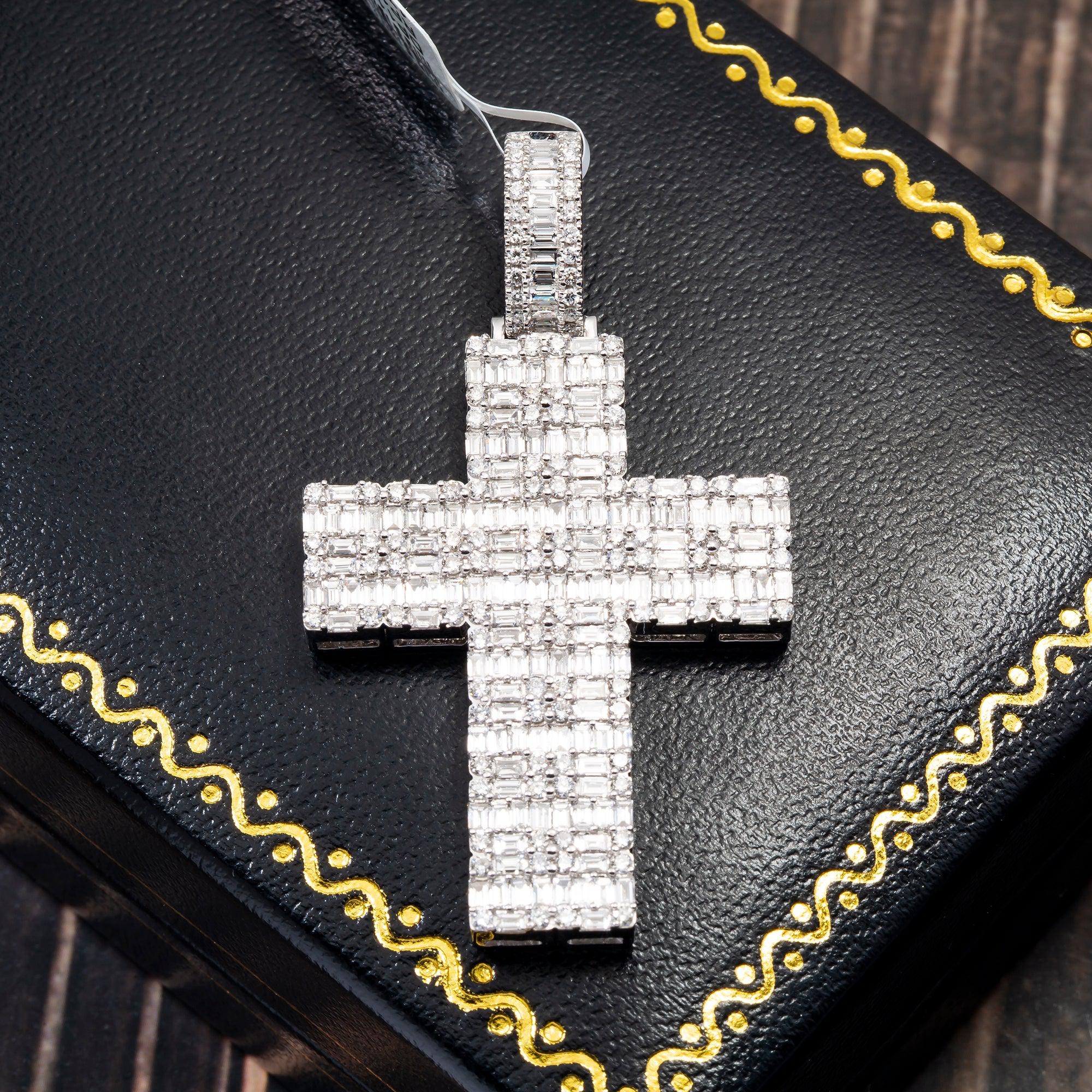 14K WHITE GOLD MEN'S BAGUETTE CROSS PENDANT WITH 3.70 CT DIAMONDS