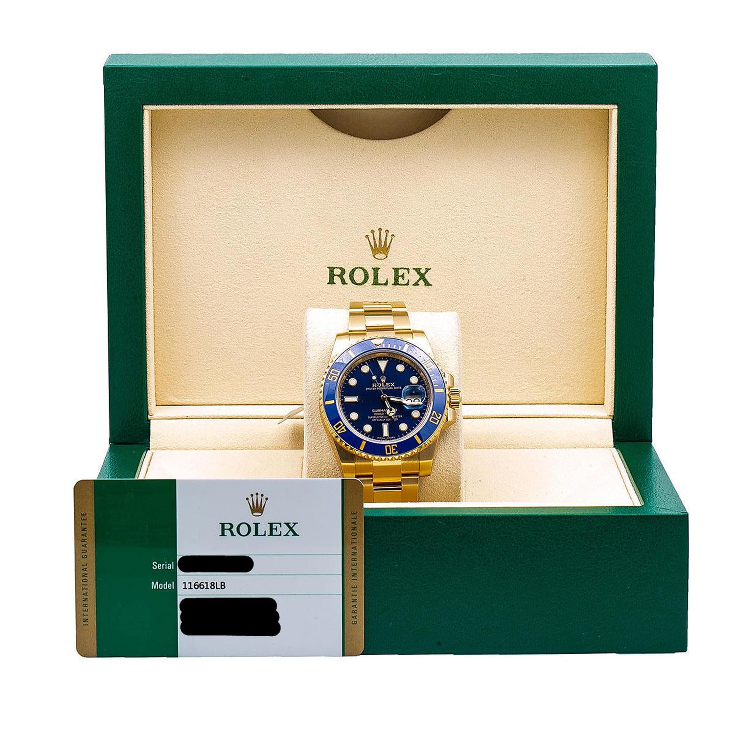 Rolex Submariner Date 40MM 116618LB Blue Dial Blue Ceramic Bezel 18K Yellow Gold Oyster Bracelet