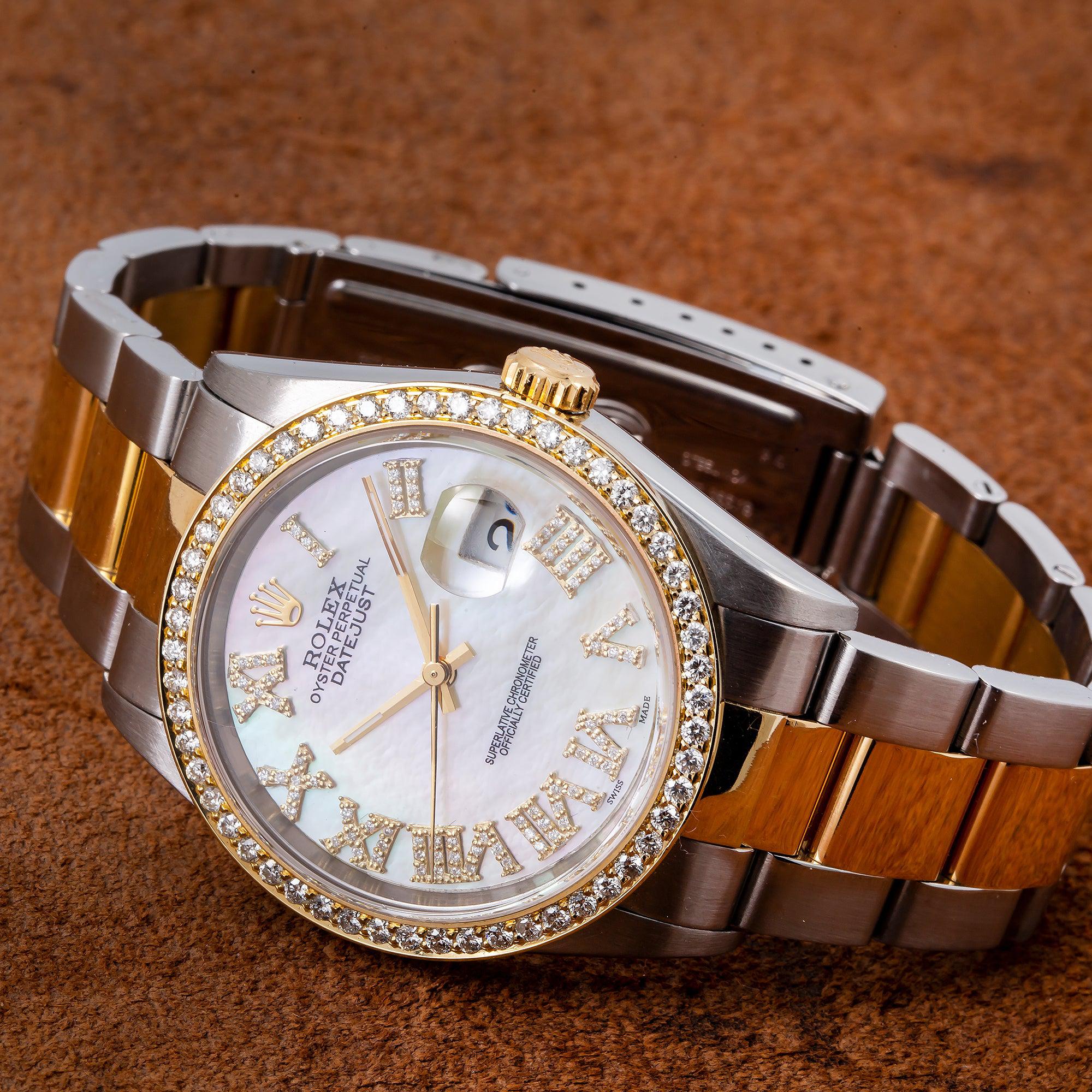 Rolex Datejust 36MM 16203 White Mother of Pearl Roman Diamond Dial Diamond Bezel Two Tone Yellow Gold Oyster Bracelet