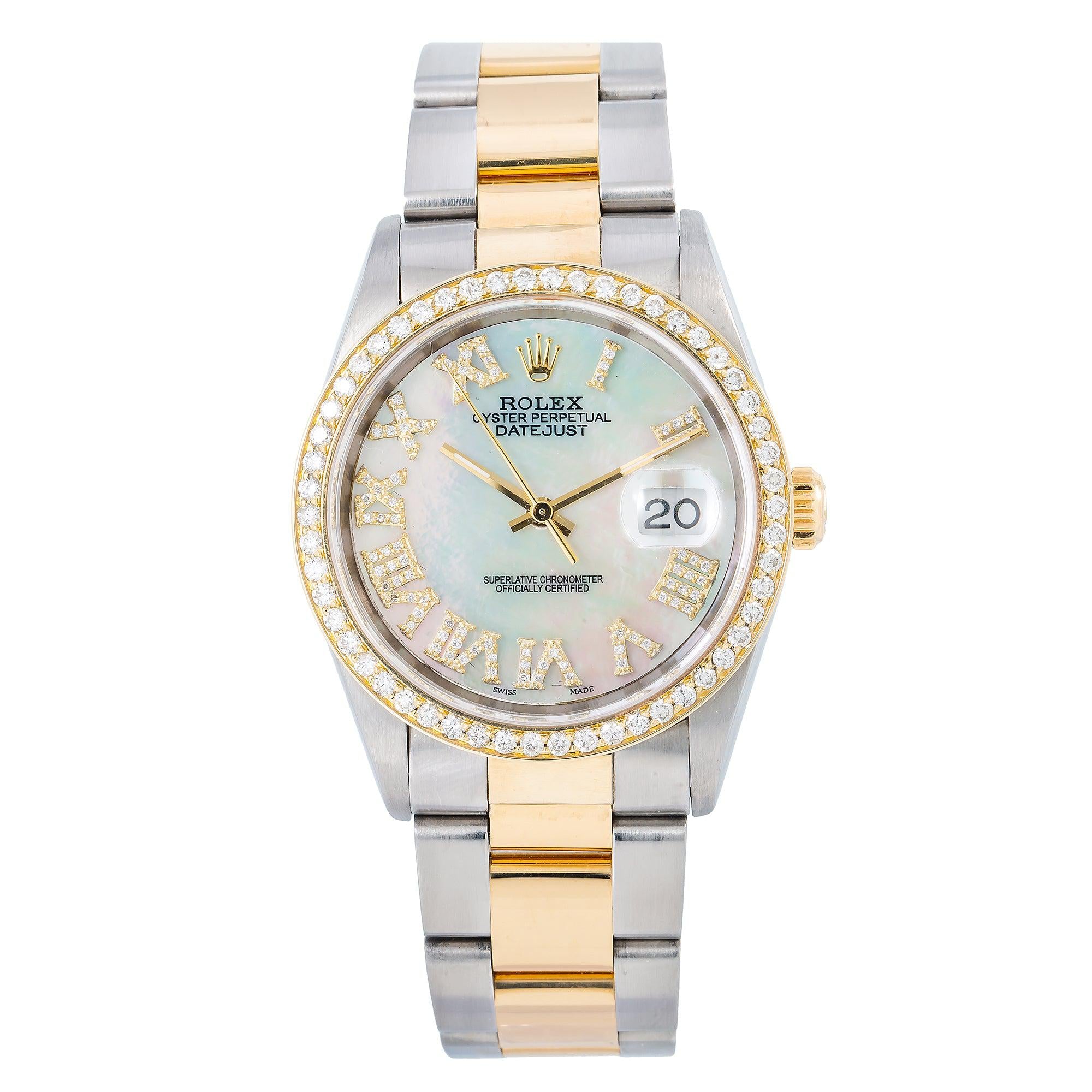 Rolex Datejust 36MM 16203 Mother of Pearl Roman Dial Diamond Bezel Two Tone Oyster Bracelet