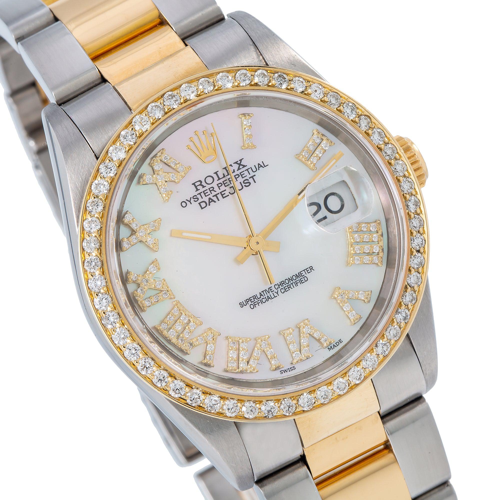 Rolex Datejust 36MM 16203 Mother of Pearl Roman Diamond Dial Diamond Bezel Two Tone Yellow Gold Oyster Bracelet